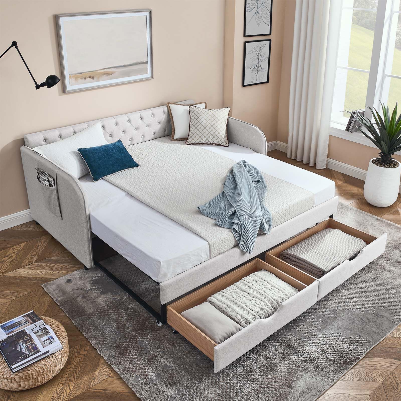 Modern 80.5 Daybed with Trundle Bed and Storage Drawer, Beige