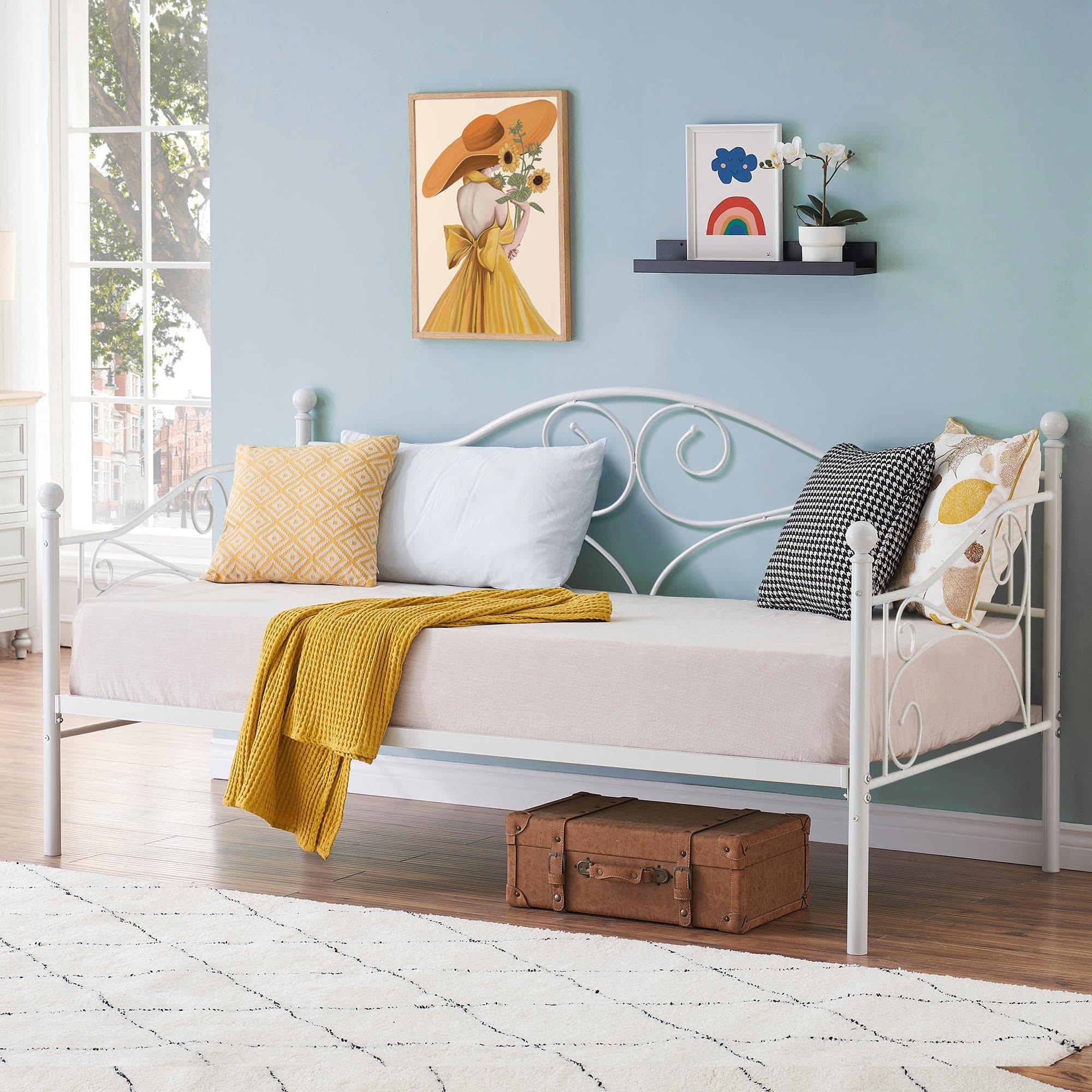 VECELO Metal Daybed Frame, Twin Size with Headboard & Slats Support
