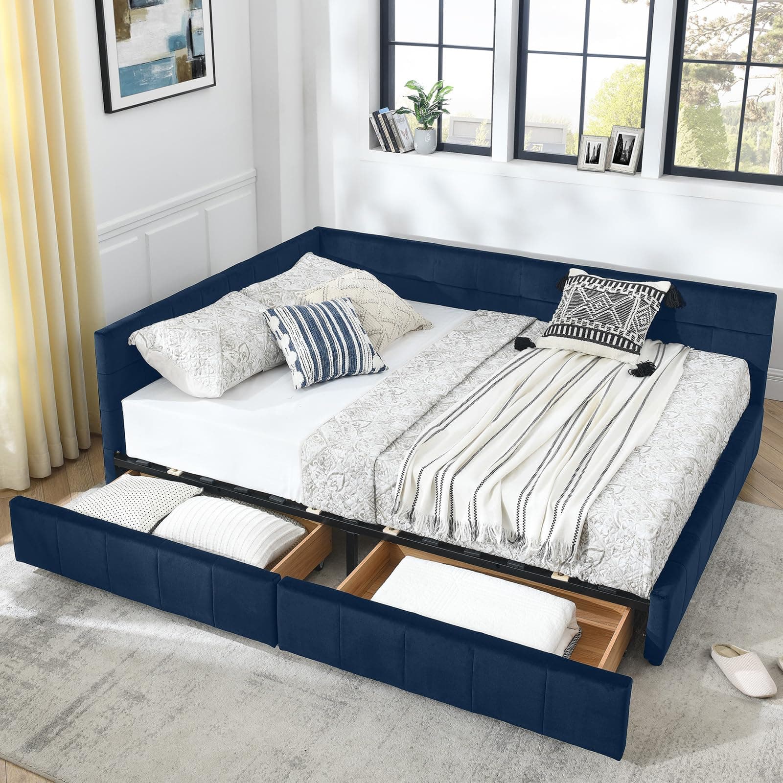 Antetek Modern Tufted Velvet Full Daybed with Storage Drawers, Blue