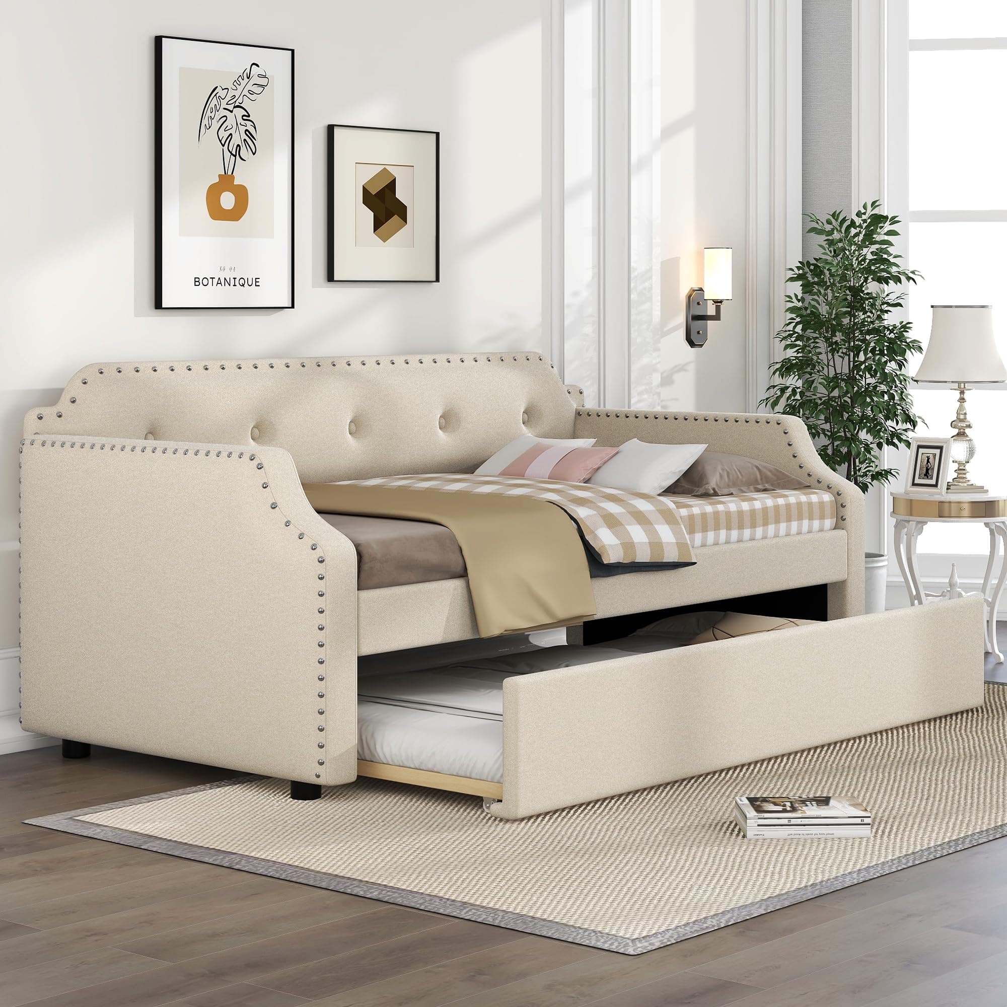 LZ LEISURE ZONE Beige Twin Size Daybed with Trundle for Bedroom Living Room