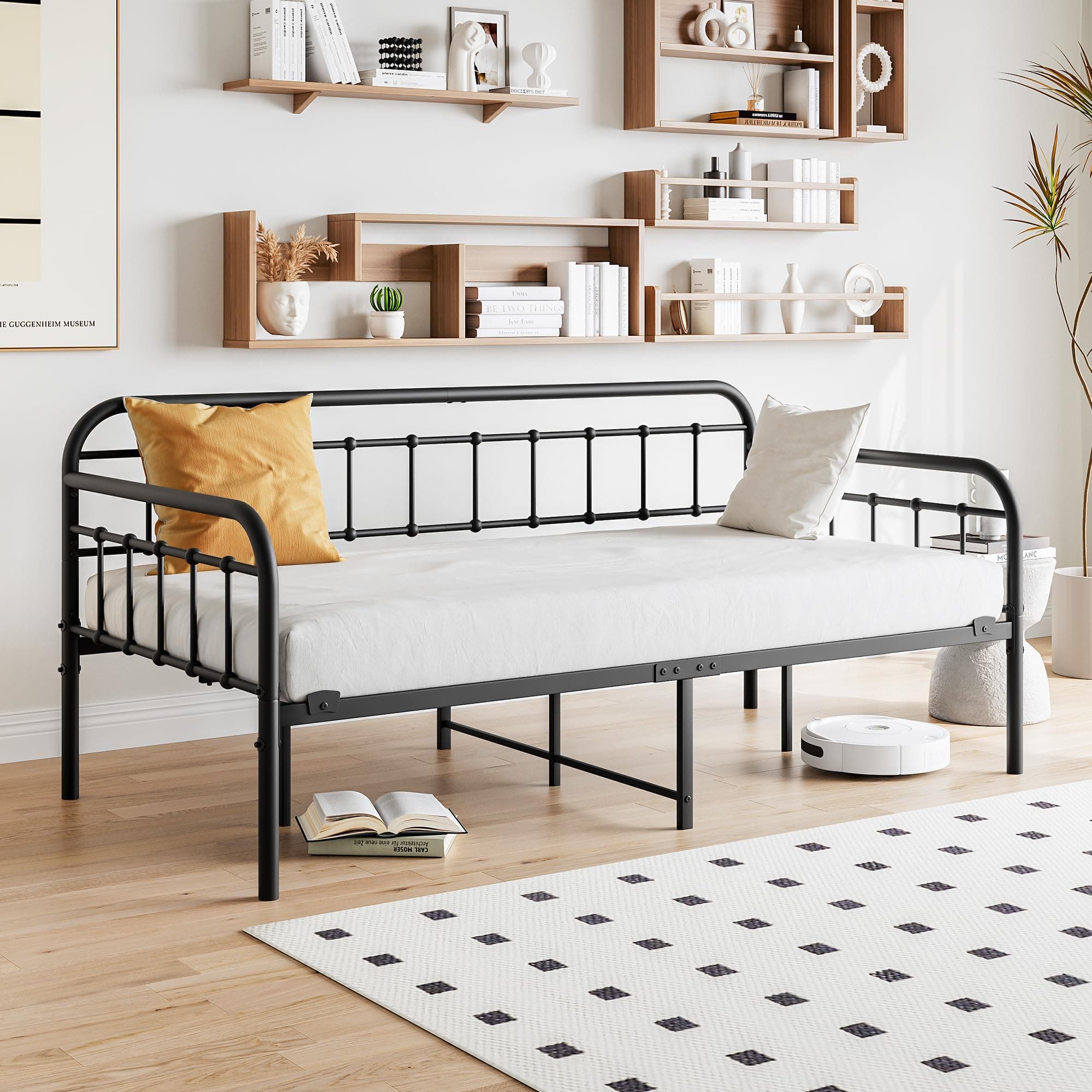 Black Twin Heavy Duty Metal Daybed Frame with Slats Mattress Foundation