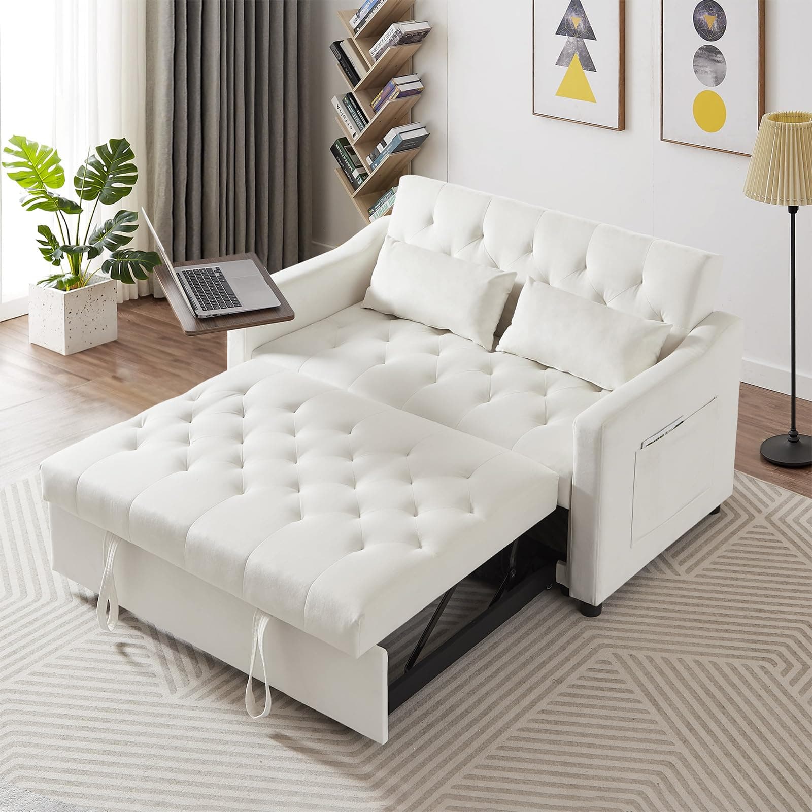 Antetek 3-in-1 Convertible Sofa Bed w/360° Rotating Side Table, Modern Velvet Sofa, White