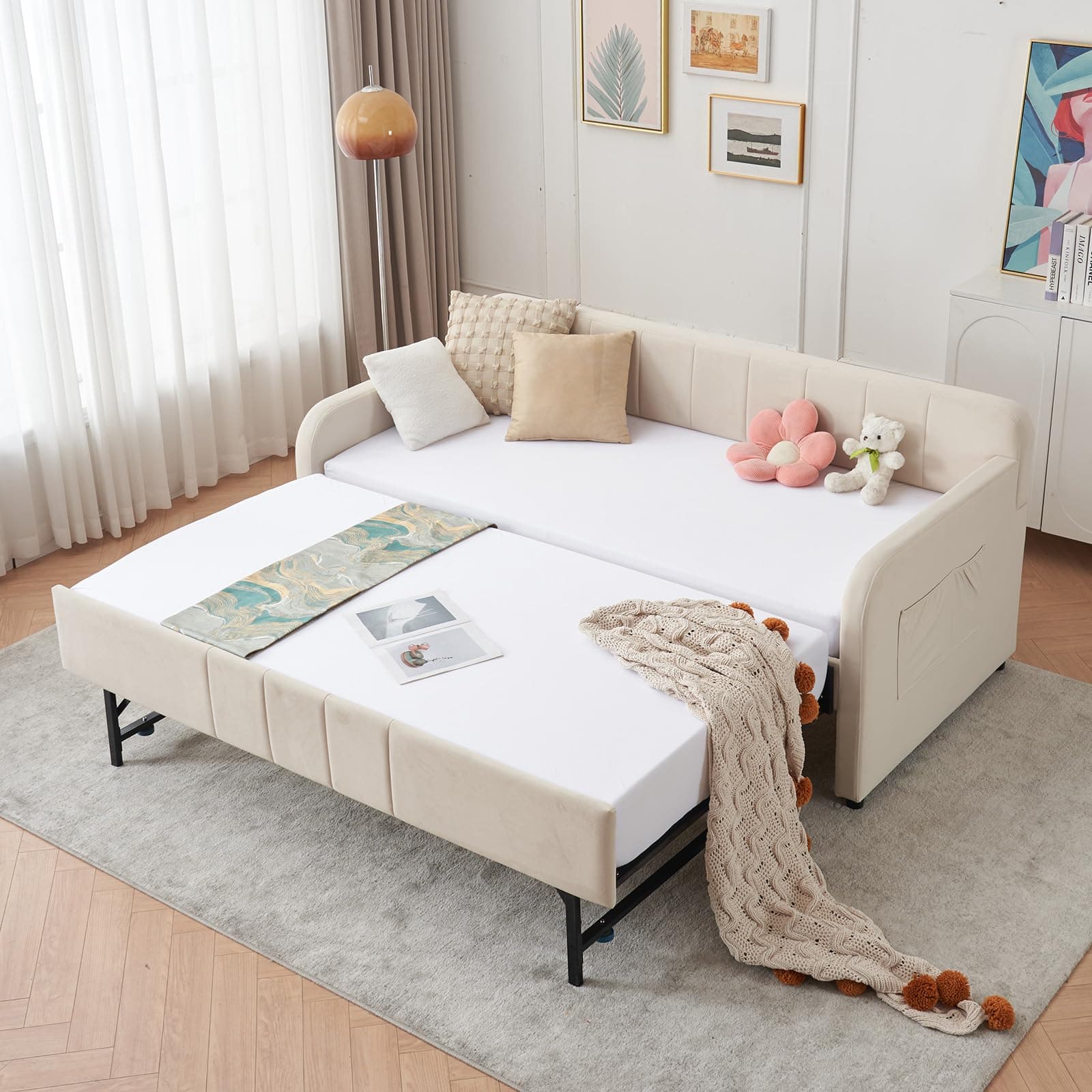 Twin Daybed with Pop Up Trundle for Guest Room Bedroom | Velvet Tufted Upholstered Twin to King Size Daybed Frame | Beige  
Pop Up Trundle Daybed for Guest Room | Velvet Tufted Upholstered Twin to King Size | Beige  
Twin to King Size Daybed with Pop