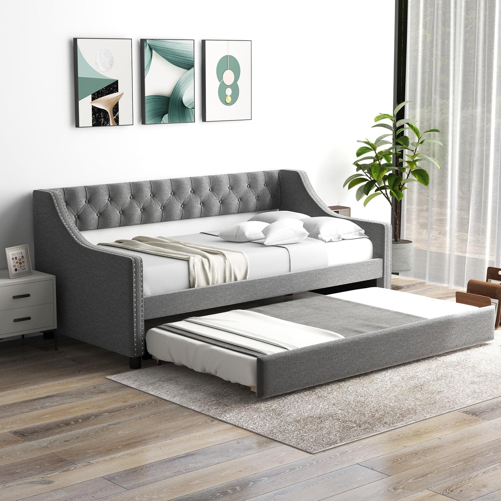 Giantex Button Tufted Twin Daybed with Wooden Support, Grey