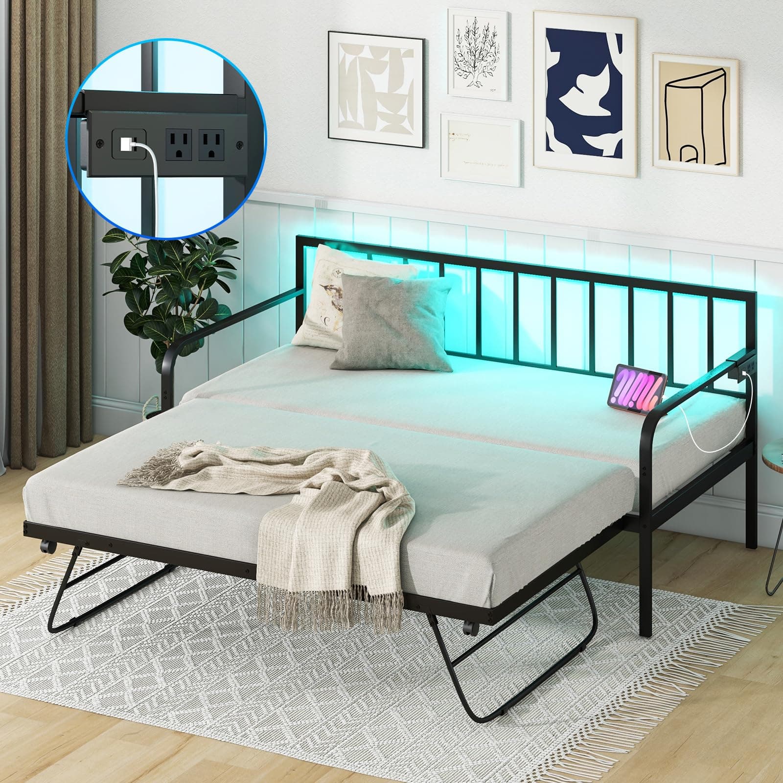 KOMFOTT Twin Metal Daybed with Pop-Up Trundle & Charging Station