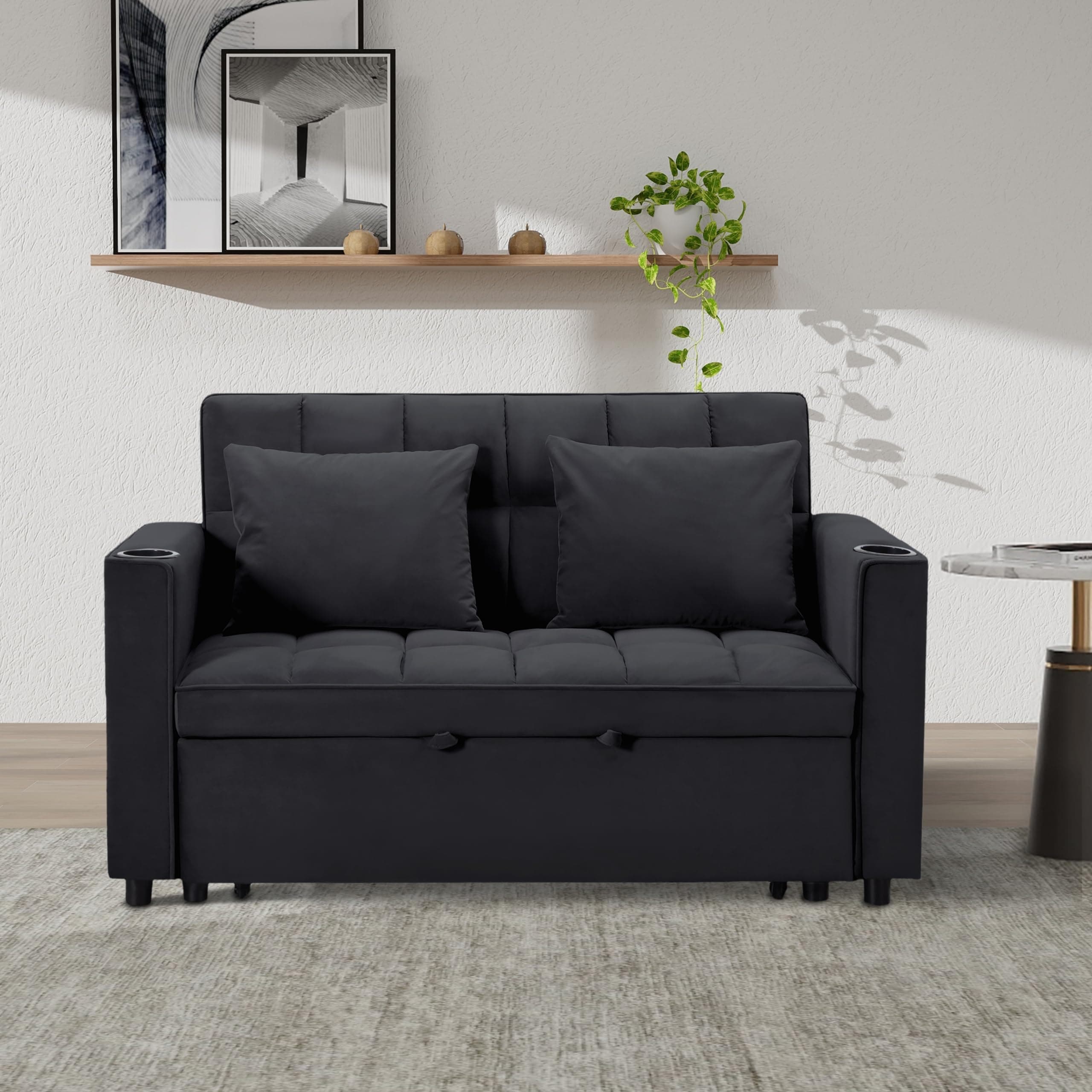 Modern Upholstered Pull Bed Sleeper with Reclining Backrest, Black Futon Love Seat for Living Room