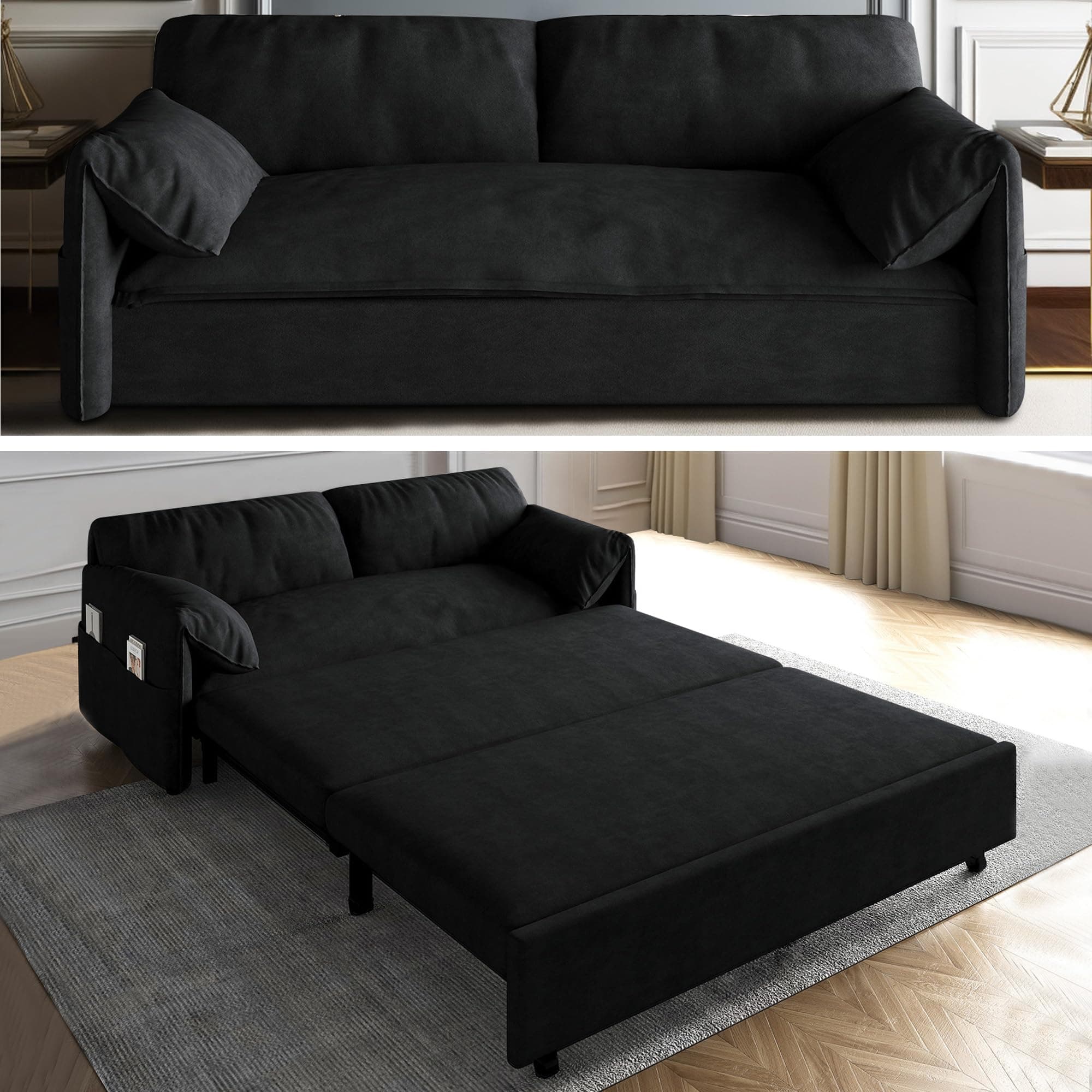 3-in-1 Convertible Sleeper Sofa Bed for Living Room with Side Pockets and Pillows