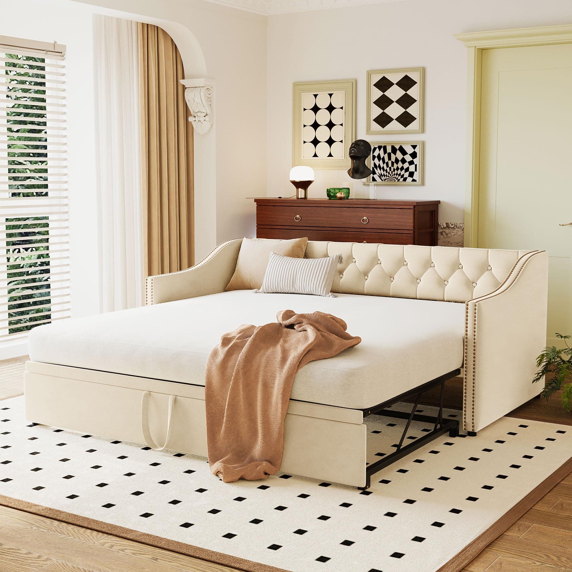 Beige Twin Upholstered Daybed with Pop-up Trundle Bed