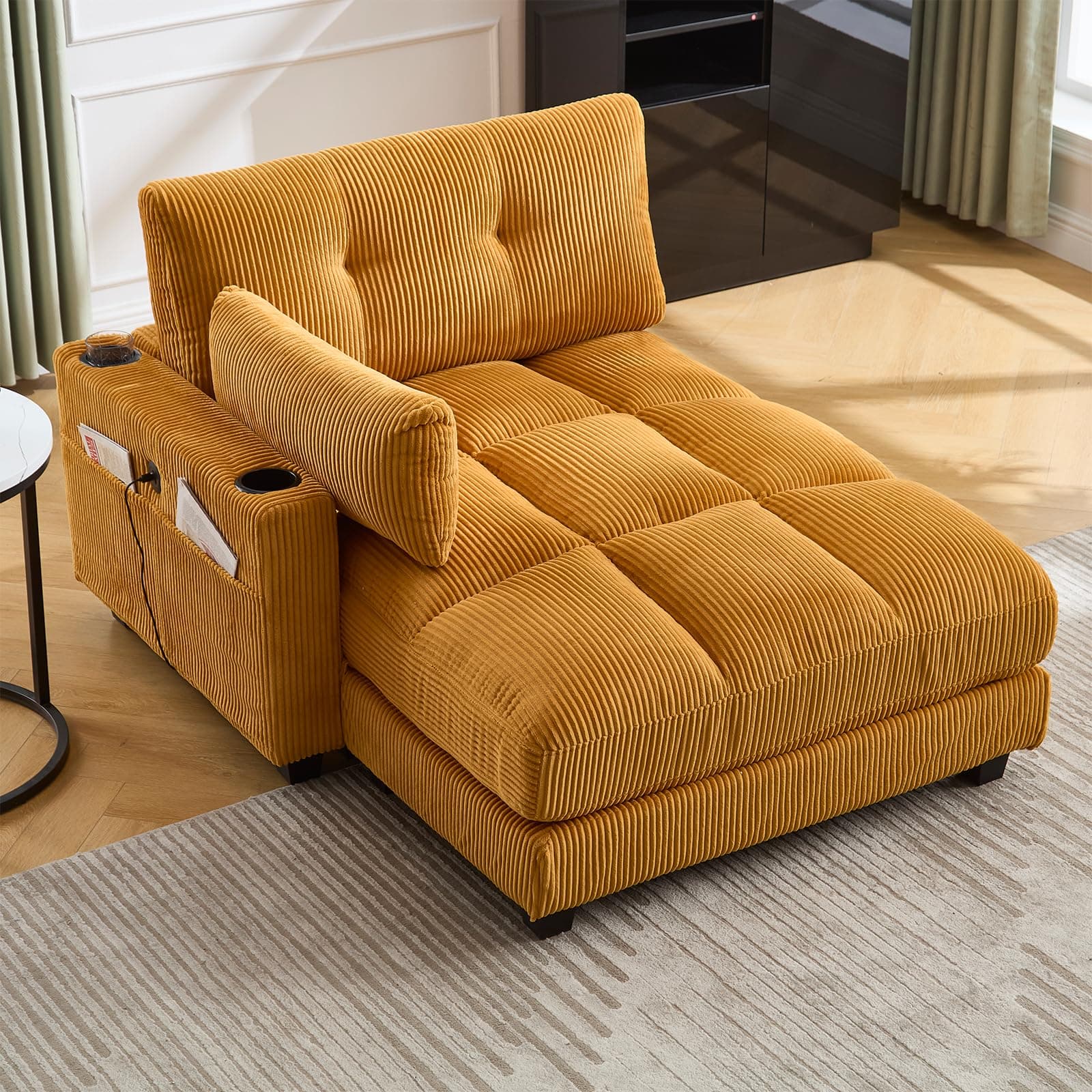 Antetek 44-inch Corduroy Tufted Chaise Lounge with USB Ports & Cup Holders, Yellow