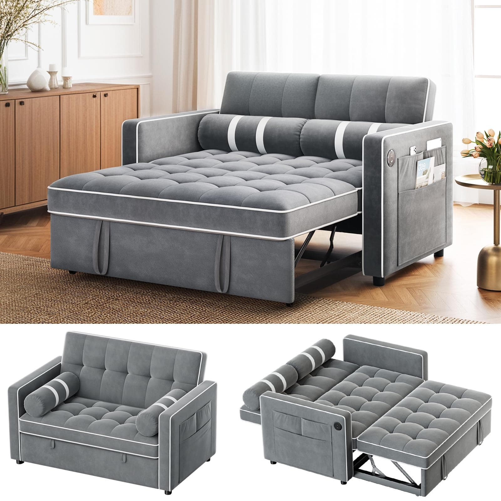 Amada 3-in-1 Convertible Sleeper Sofa Bed, Living Room Futon with USB Ports | Grey