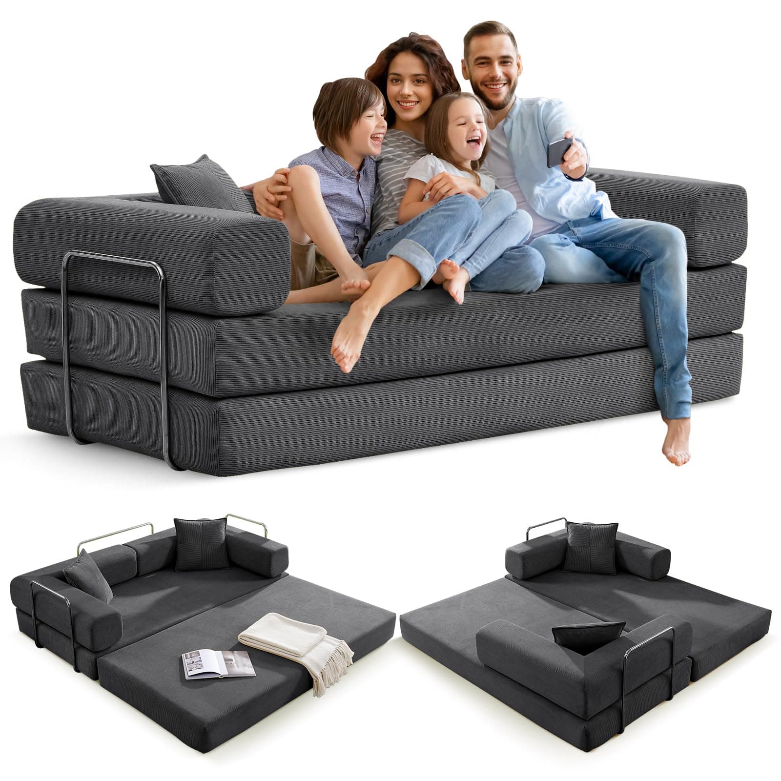 Dark Grey Convertible Sleeper Sofa Bed with Memory Foam & Cylindrical Pillows