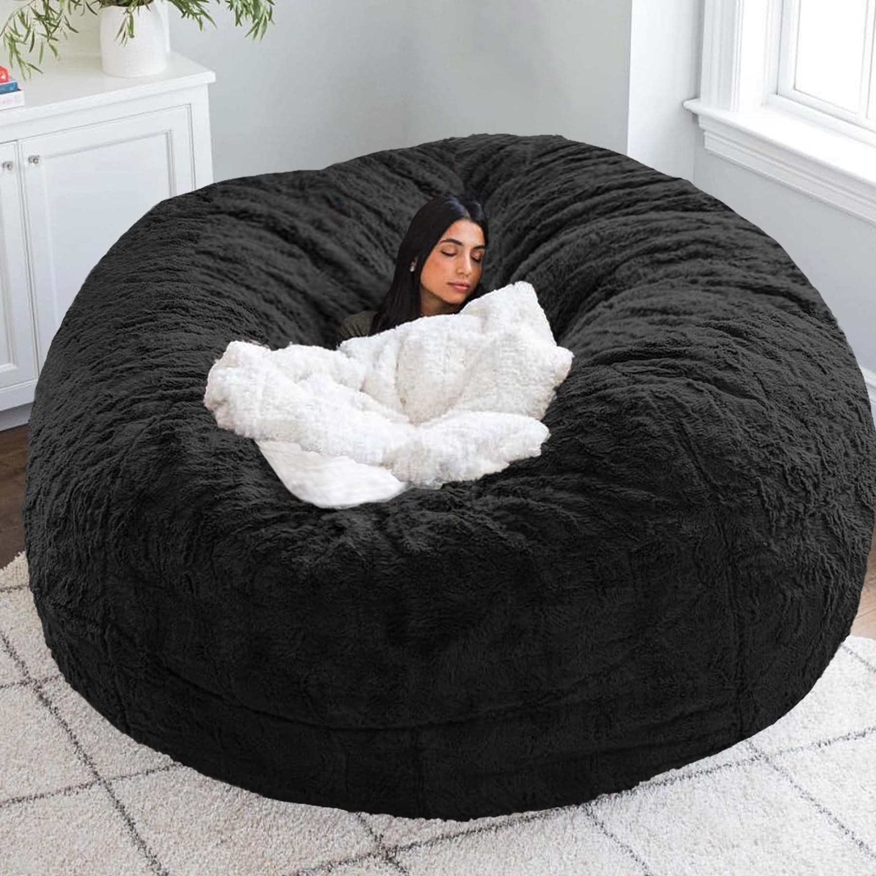 Black 7FT Adult Bean Bag Chair Cover, Stuffed Animal Storage, Comfortable for Bedroom Living Room
