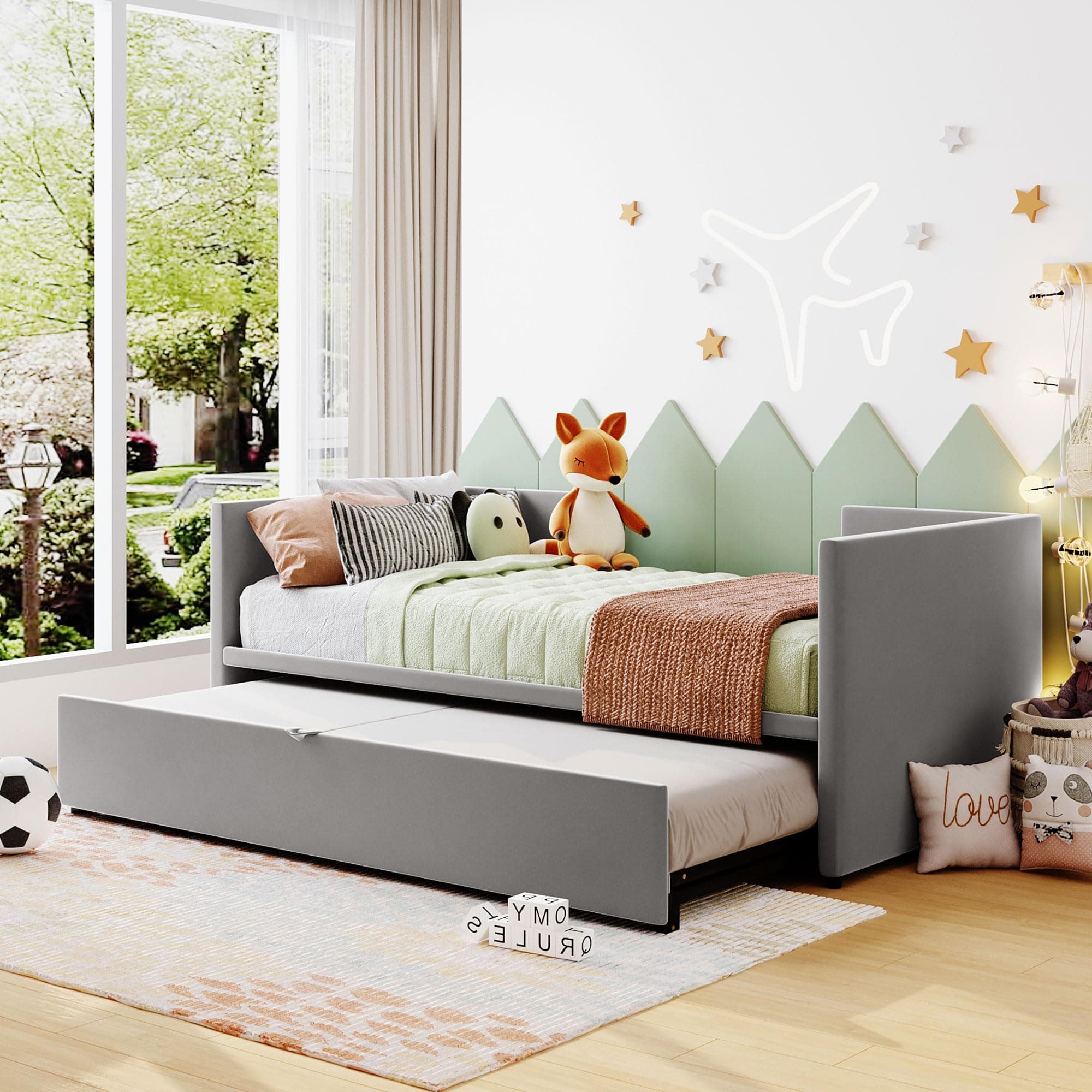 Gray Velvet Twin Daybed with Pop-Up Drawer & Backrest for Any Room