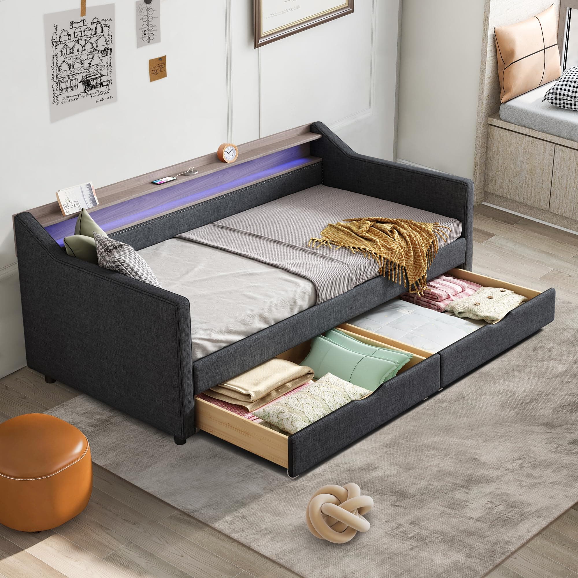 Linen Upholstered Twin Daybed with Storage and USB Port,Dark Grey