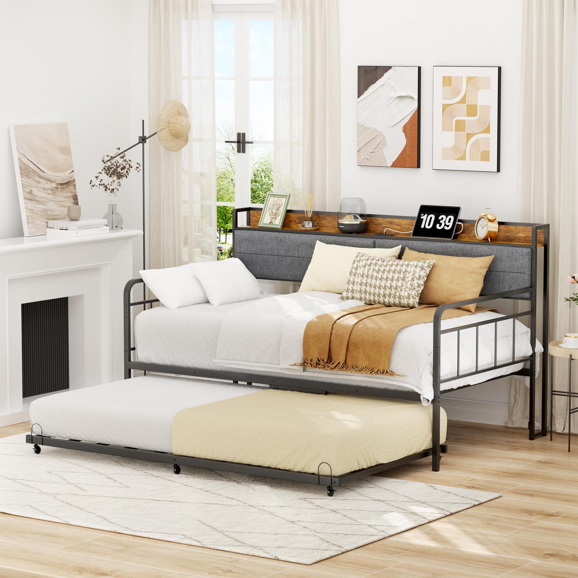 ROOMTEC Modern Twin Daybed with Storage & Charging, Sturdy Black Metal Frame