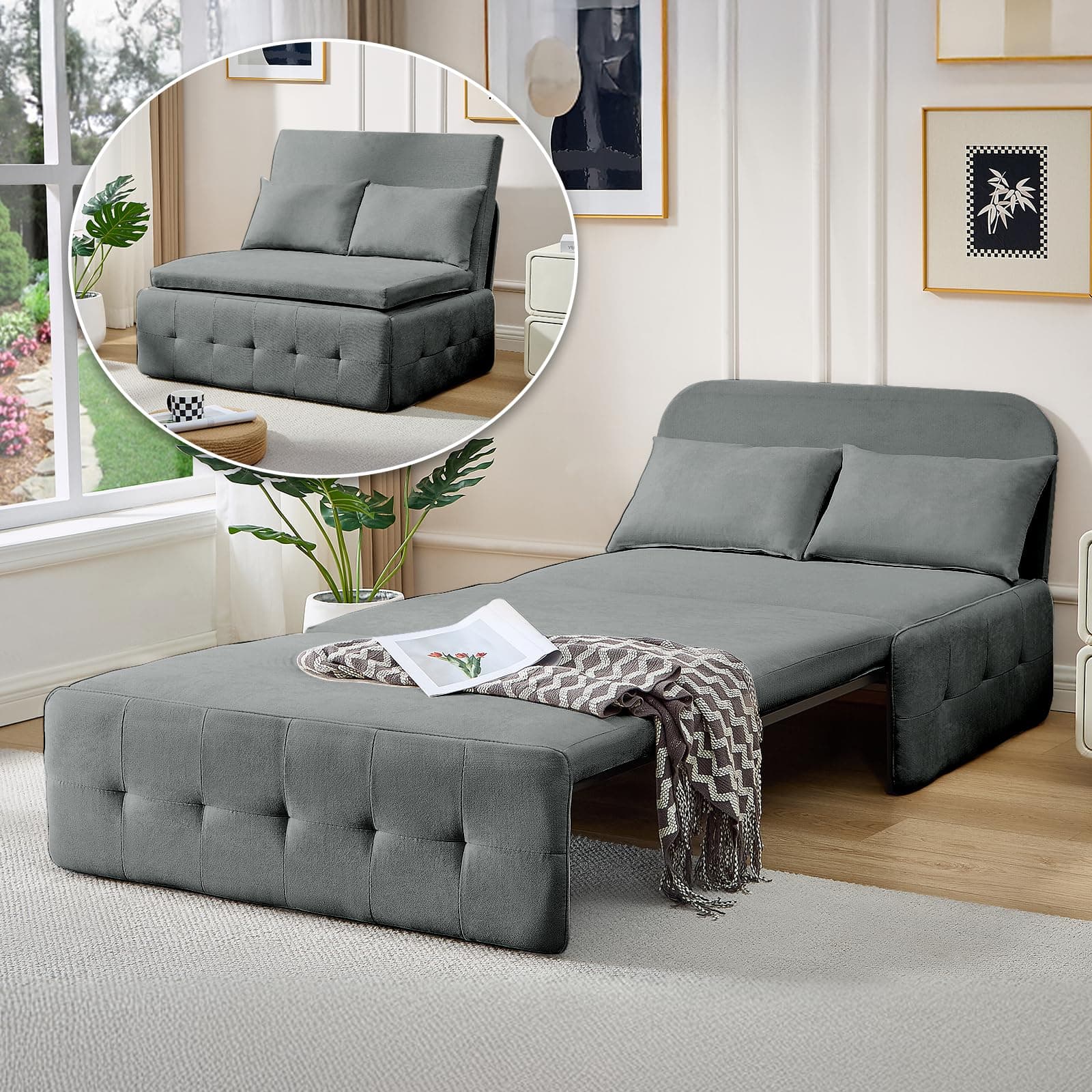 Dark Gray 3-in-1 Convertible Sofa Bed, Twin Pull-Out Futon Couch