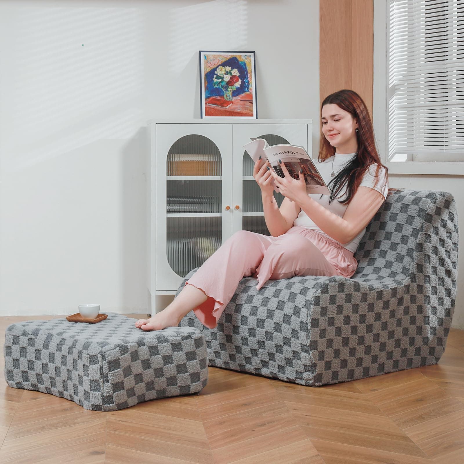 Cement Gray Bean Bag Chair with Footstool, Modern Lazy Sofa for Adults