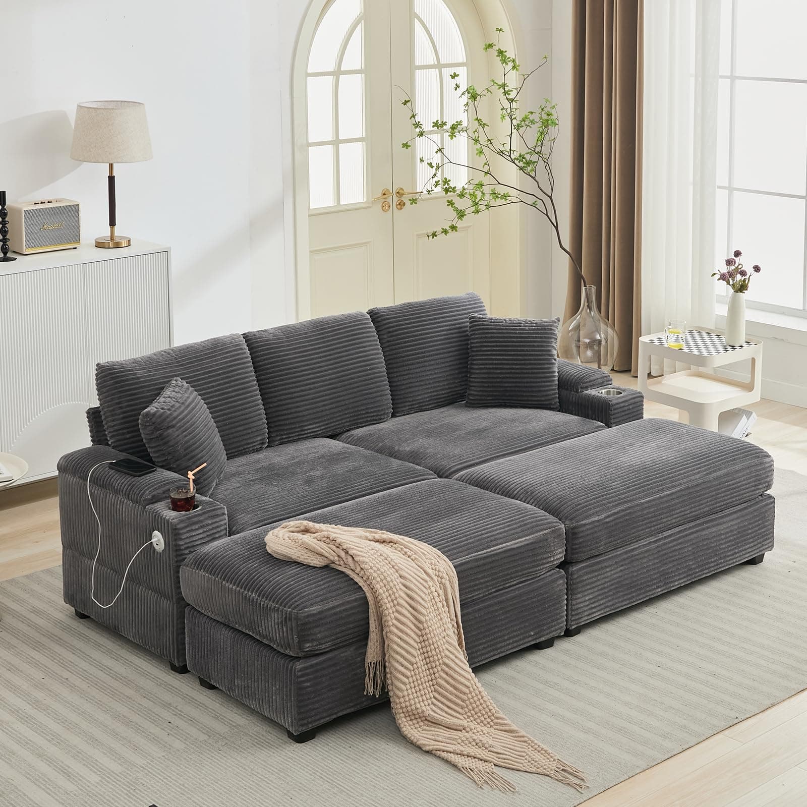 Oversized Grey Double Chaise Lounge with Ottomans and Armrest Storage for Living Room or Bedroom
Oversized Grey Corduroy Chaise Lounge with Cup Holder and USB Port for Living Room or Bedroom
Oversized Grey Chaise Lounge with Armrest Storage, Cup Hold