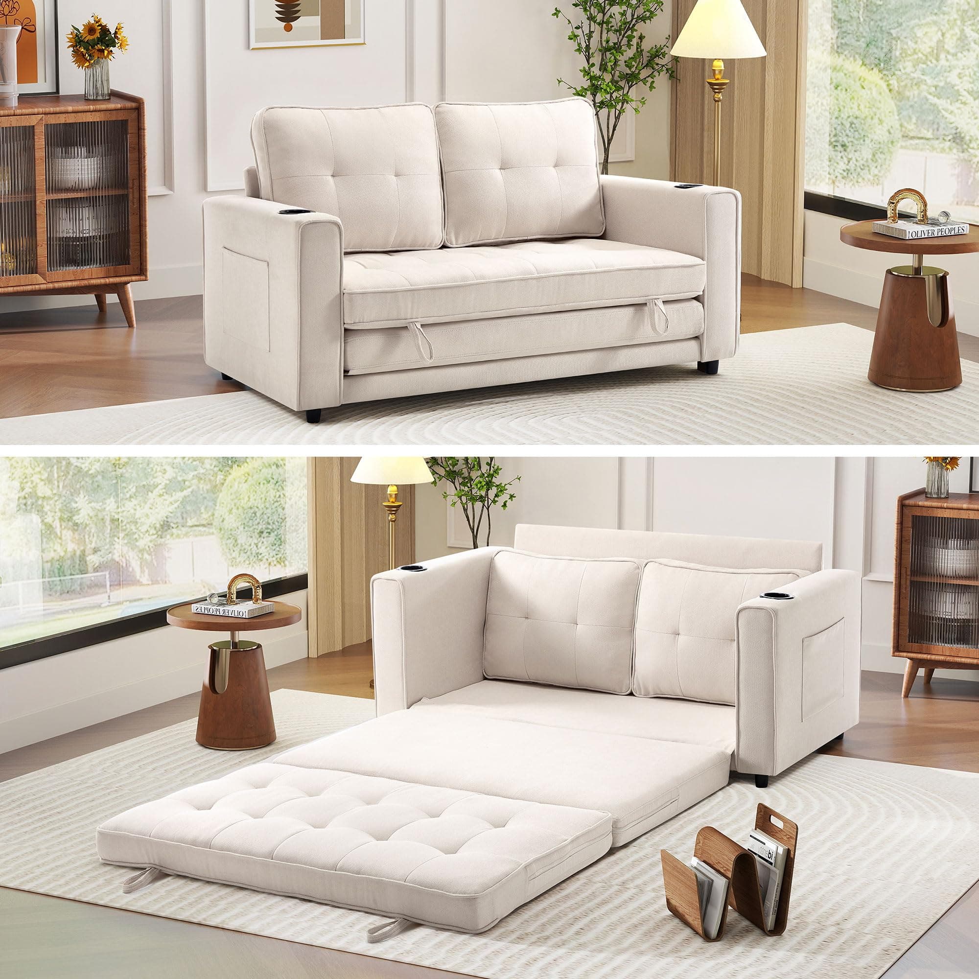 Beige Foldable Sleeper Sofa Bed - Multi-Functional Floor Couch for Small Spaces