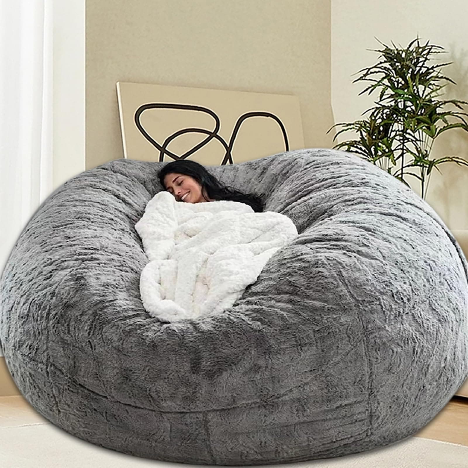 Giant Grey Bean Bag Chair for Adults & Kids, Filling-Free & Comfy