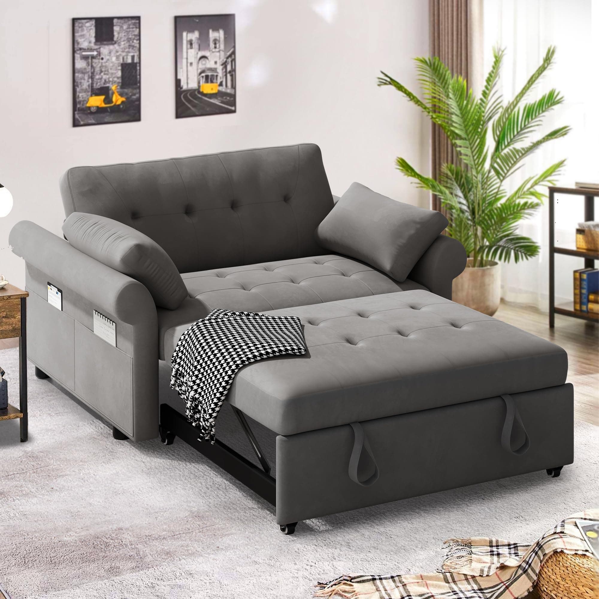 DWVO 3-in-1 Reclining Sleeper Sofa Bed, 56" Loveseat with Storage, Grey