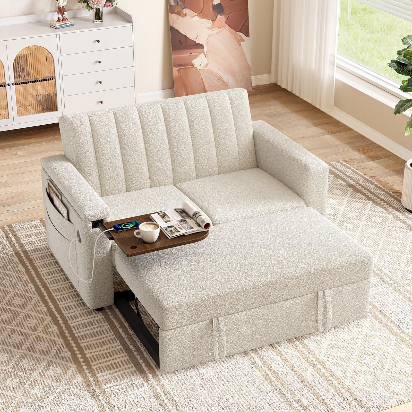 Pipishell 54" Sleeper Sofa Bed with Hidden Table & Charging Ports (Beige)
