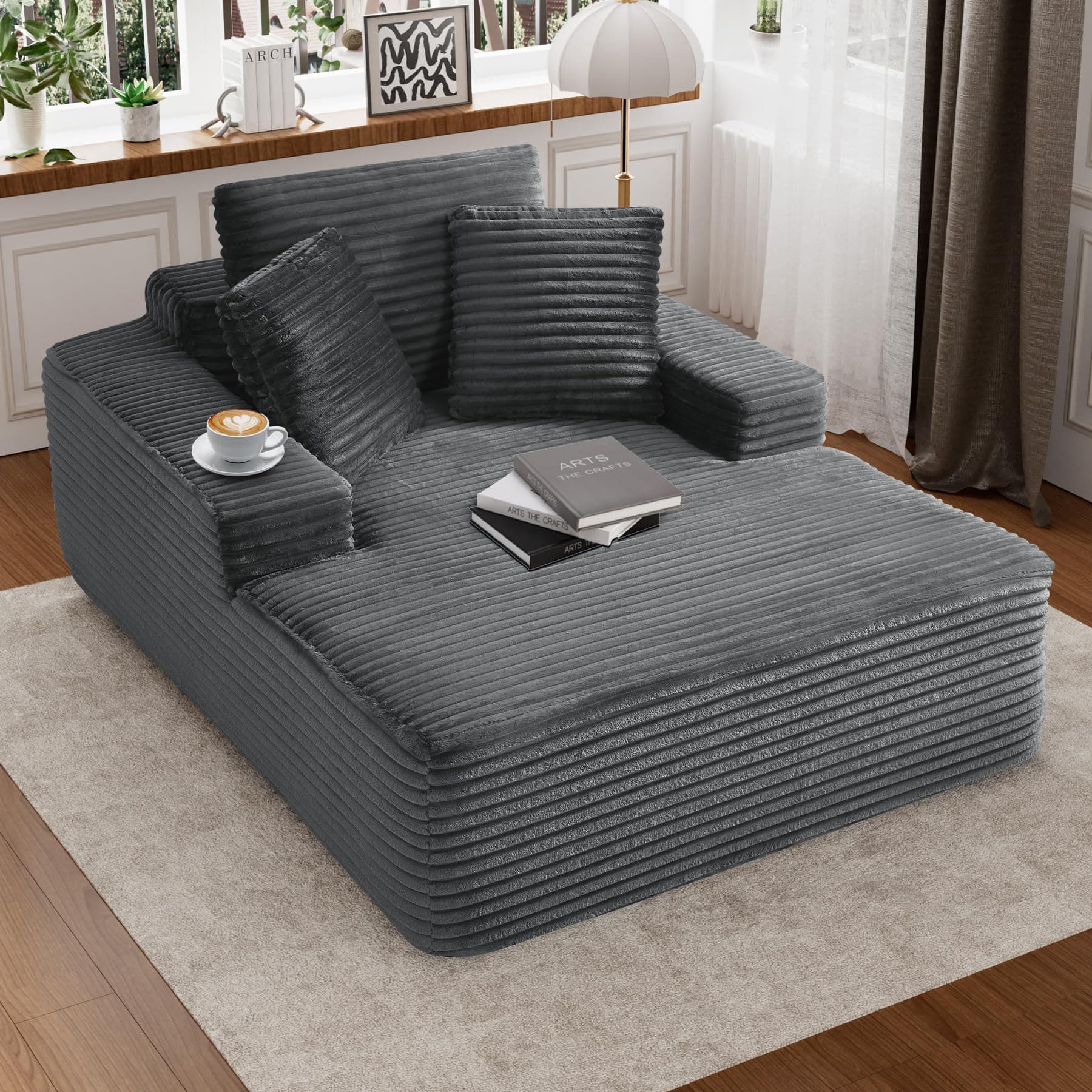 Oversized Dark Gray Faux Fur Chaise Lounge Chair with Recliner & Throw Pillows
