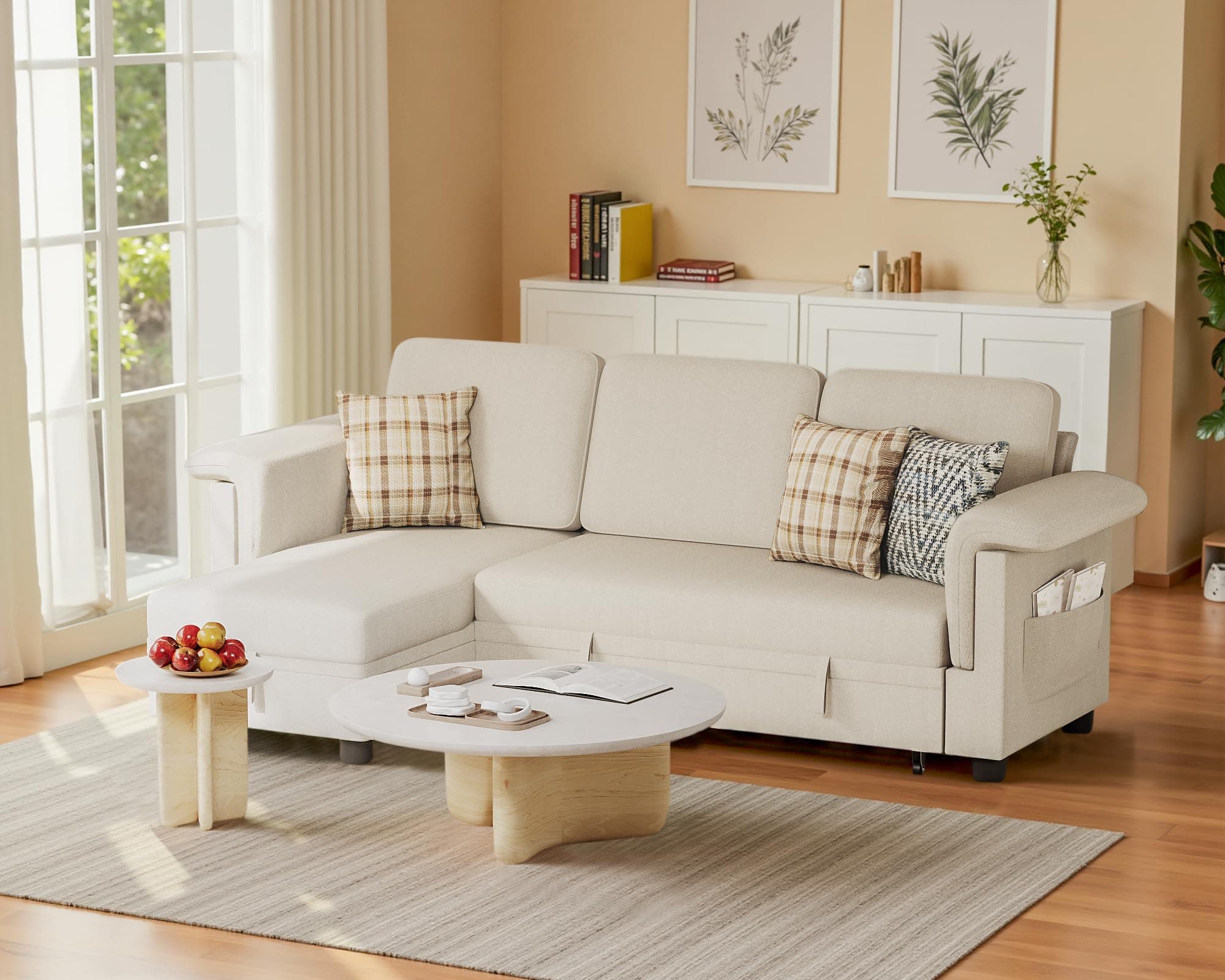 Homall L-Shaped Sleeper Sofa with Storage, Beige Linen Fabric