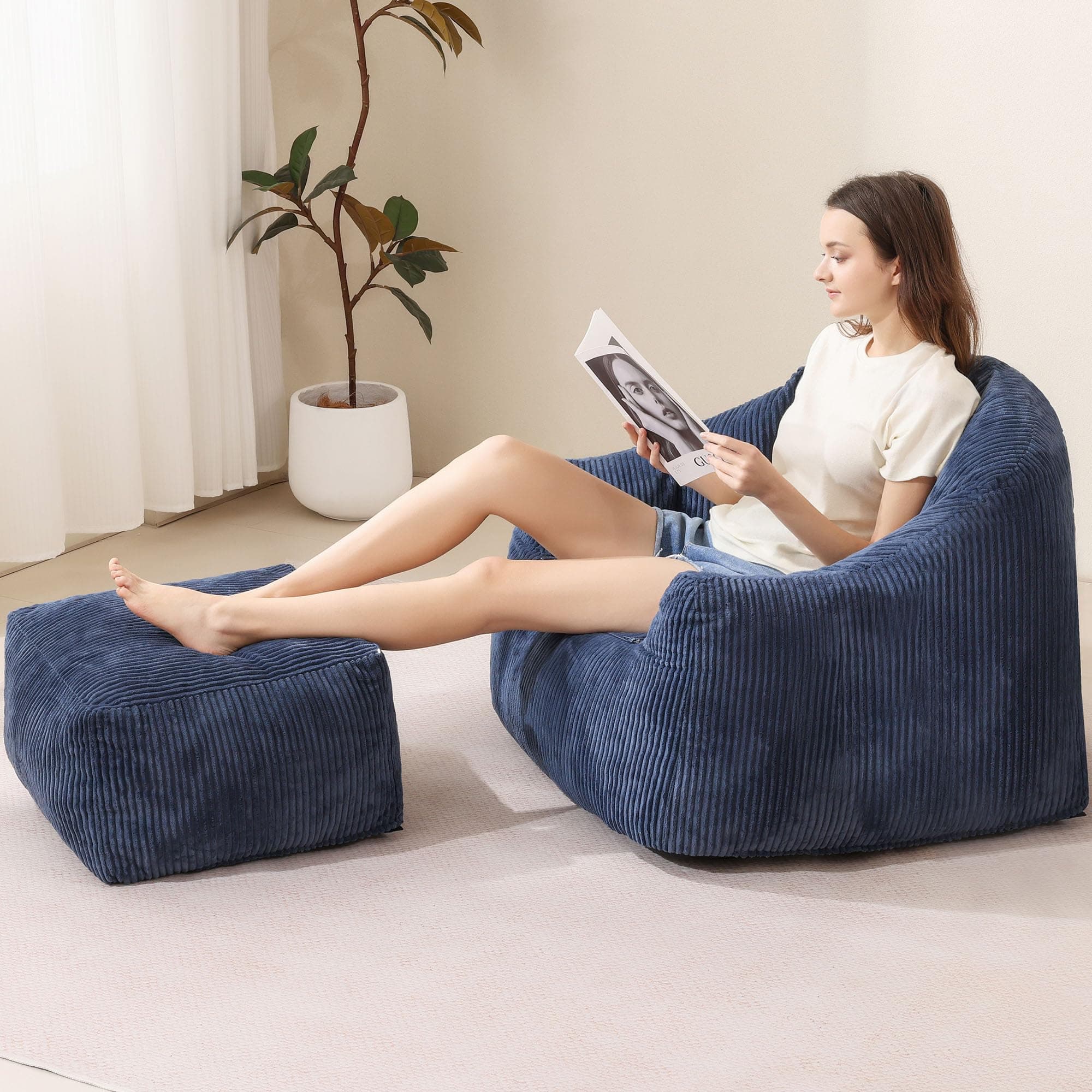 Oversized Plush Bean Bag Chair with Ottoman & Armrests, Cozy Reading Chair, Blue