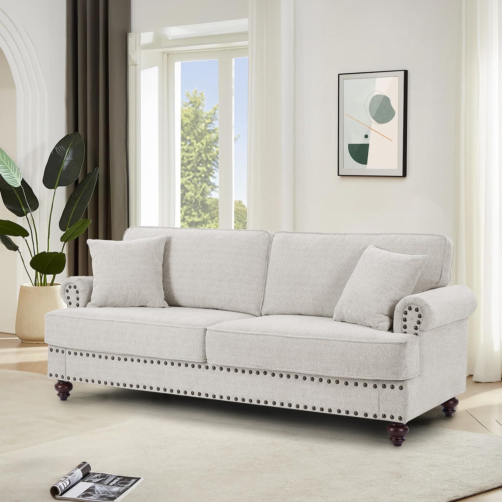 Antetek Chenille Sofa Couch, Mid-Century Modern 3-Seater Sofa with Bun Feet, Beige