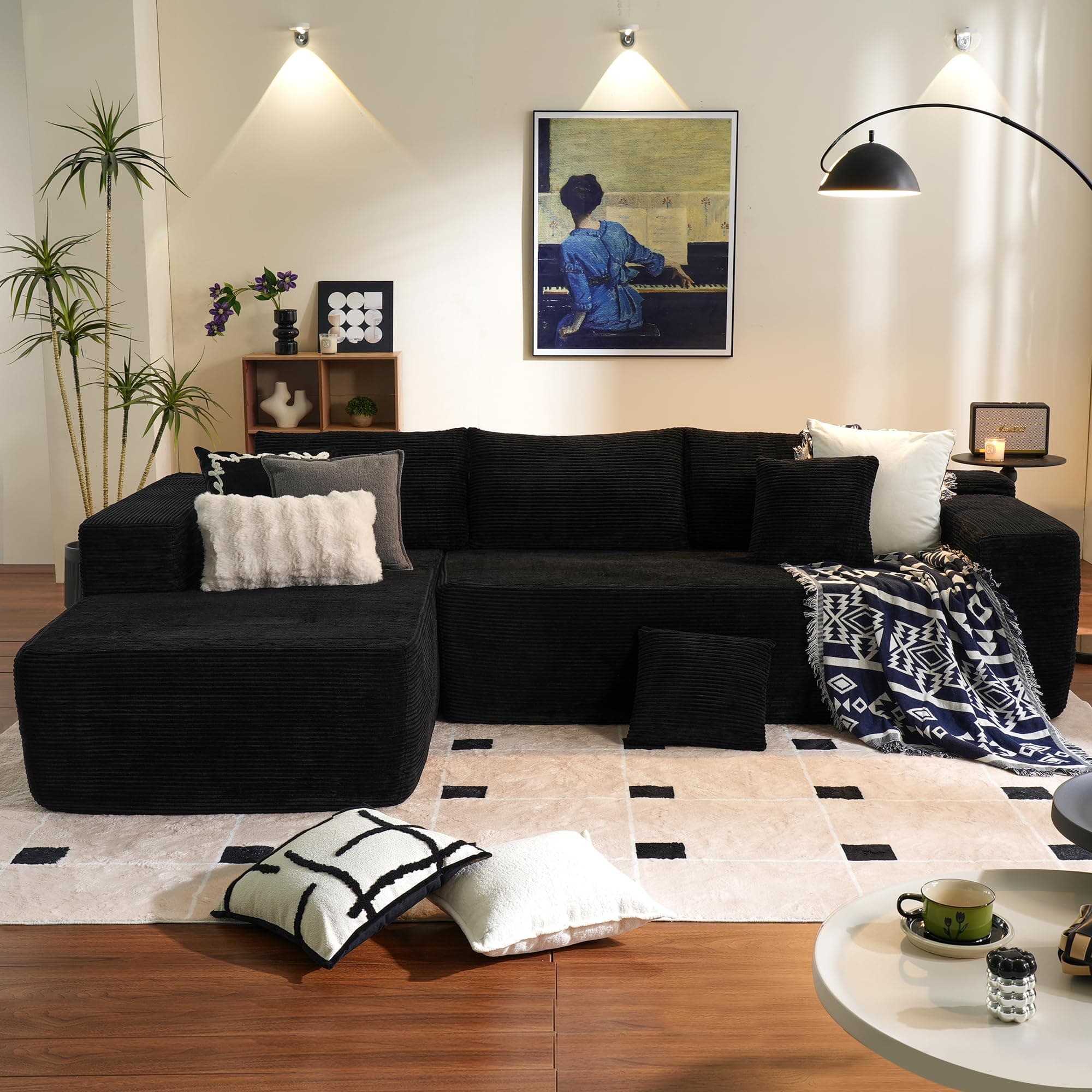 Ovios 104" L-Shape Chaise Cloud Sectional Sofa, Black (Corduroy Fabric)