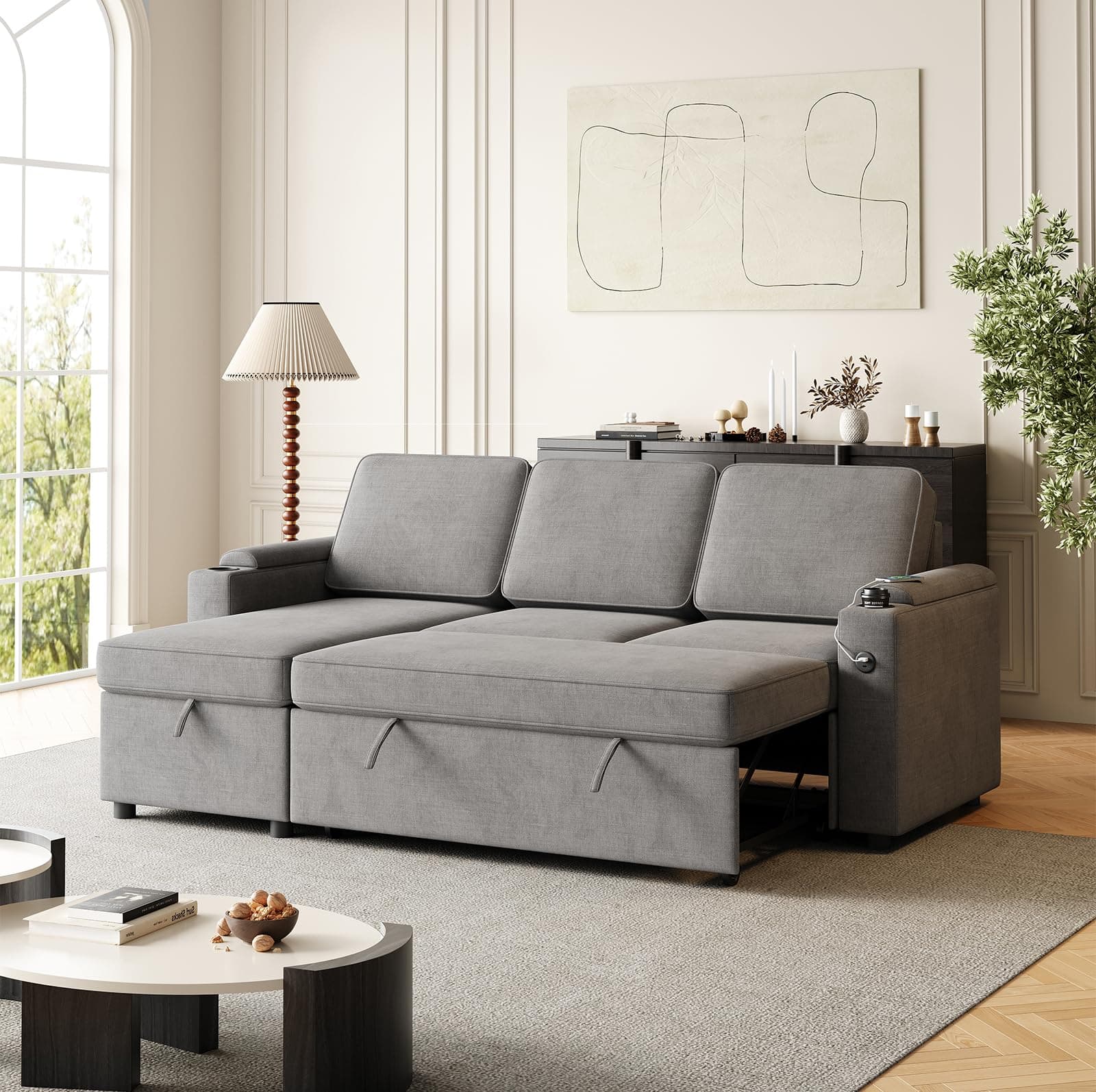 Antetek L-Shaped Sectional Sleeper Sofa, Grey with Storage & USB Port