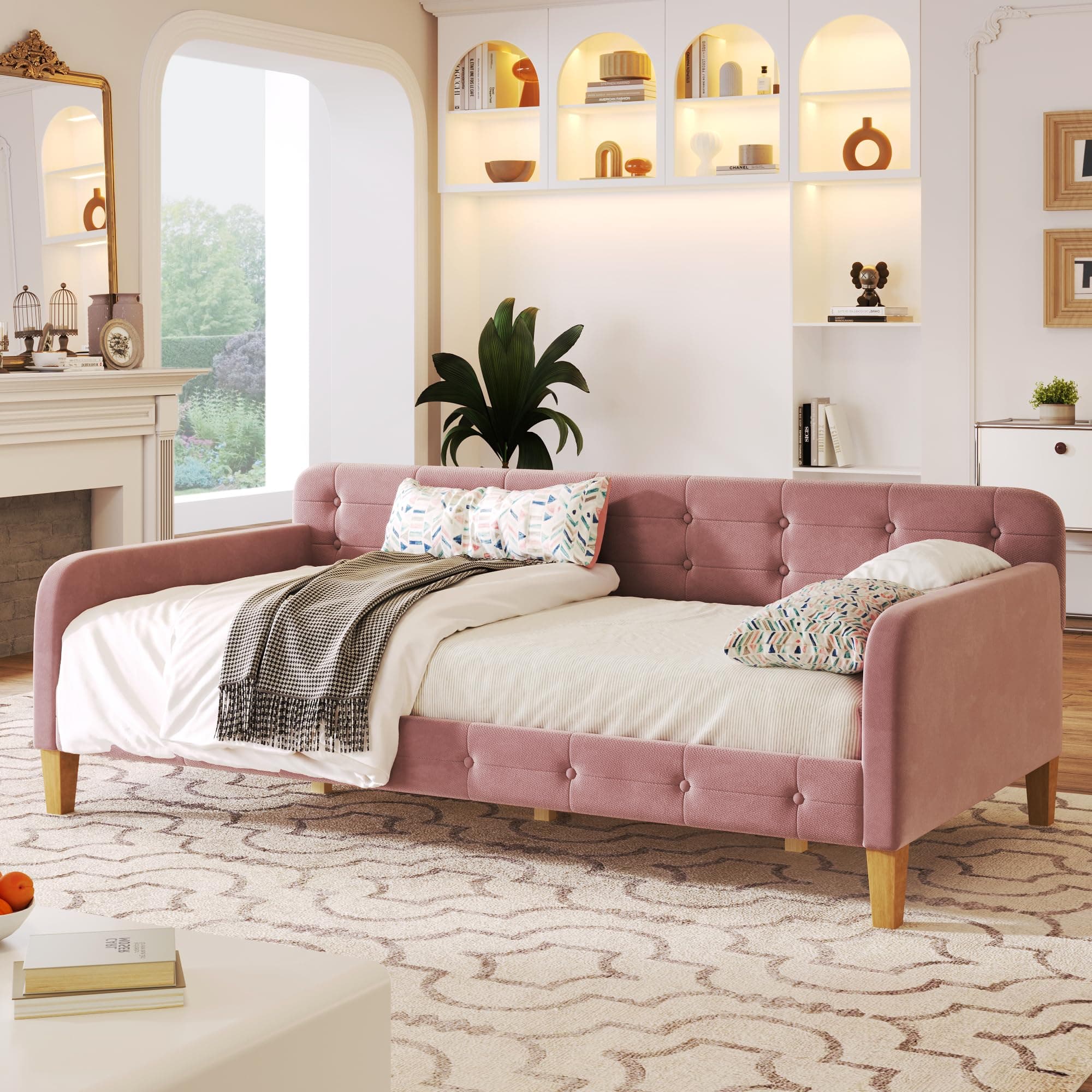 Upholstered Button-Tufted Twin Daybed with Wood Slat Support, Pink