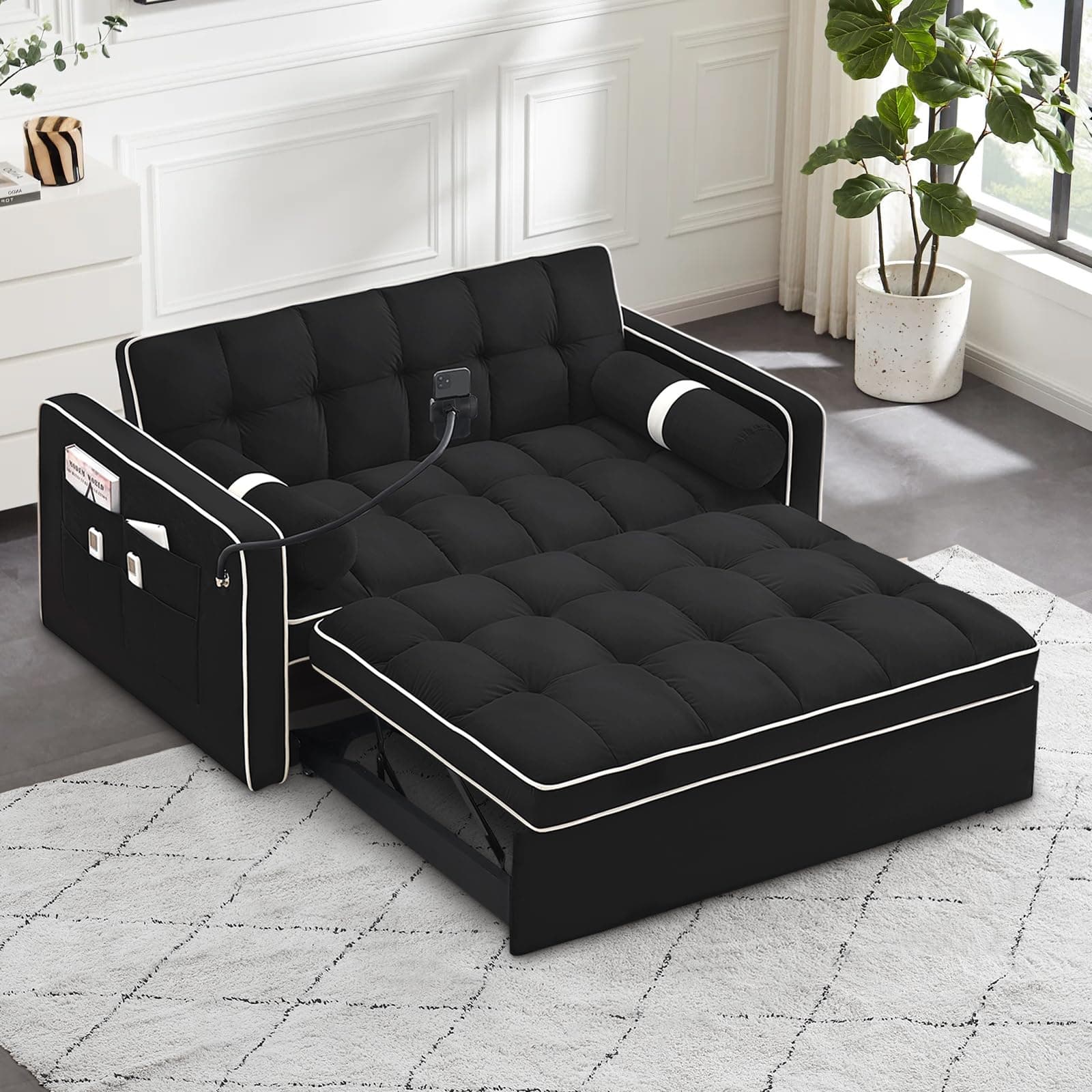 Upgraded Sleeper Sofa Couch Bed with Phone Holder, Small Modern Convertible Loveseat Futon Sofa w/Pullout Bed, Adjustable Backrest, Black