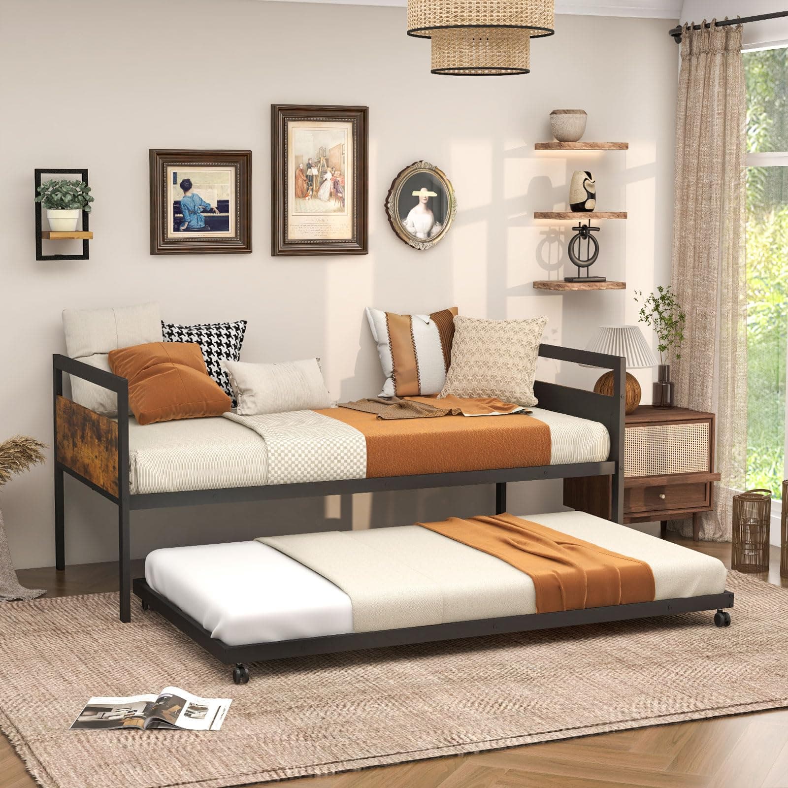Giantex Rustic Brown Metal Day Bed with Trundle Support