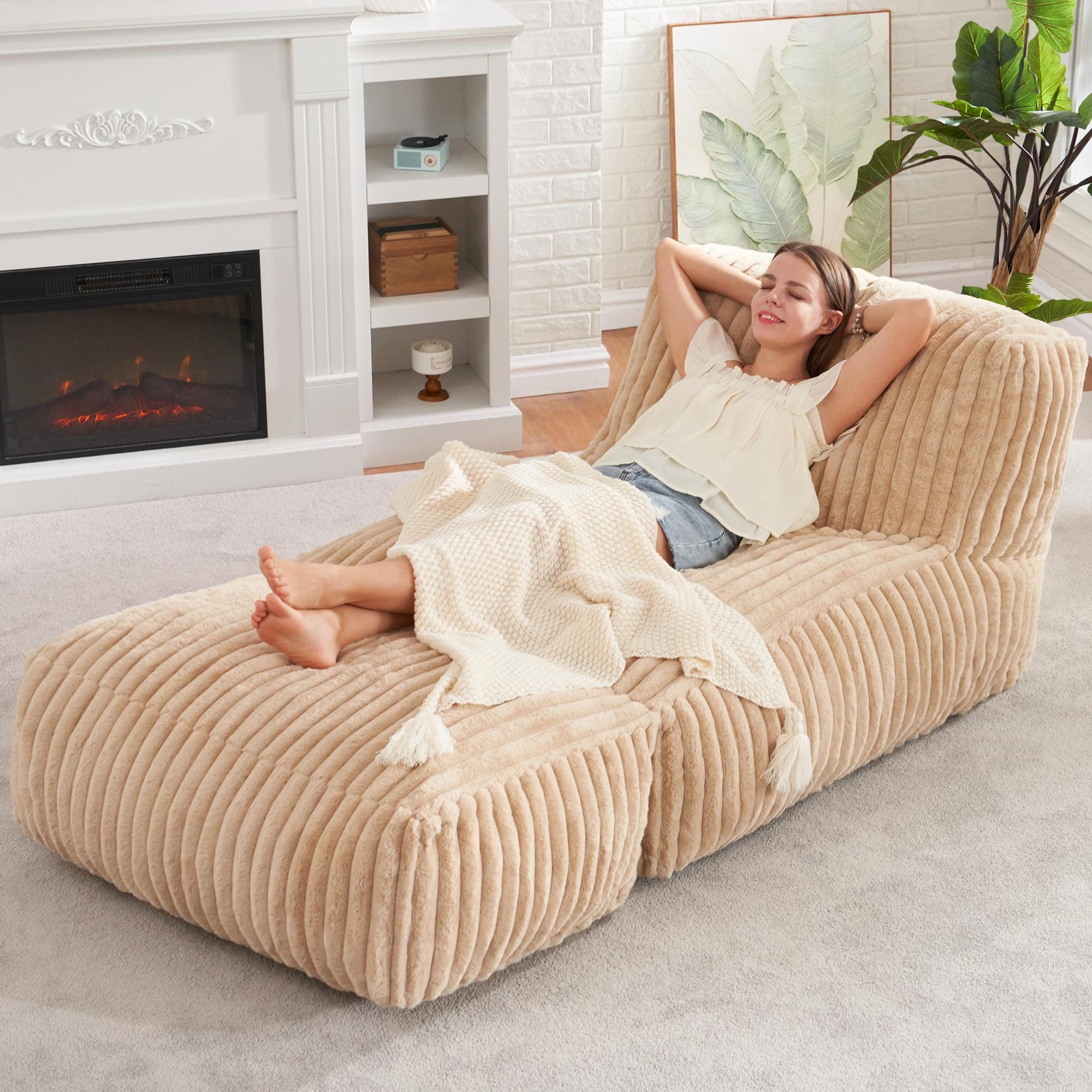Hobestluk Large Bean Bag Lounger Chair with Memory Foam (Khaki)