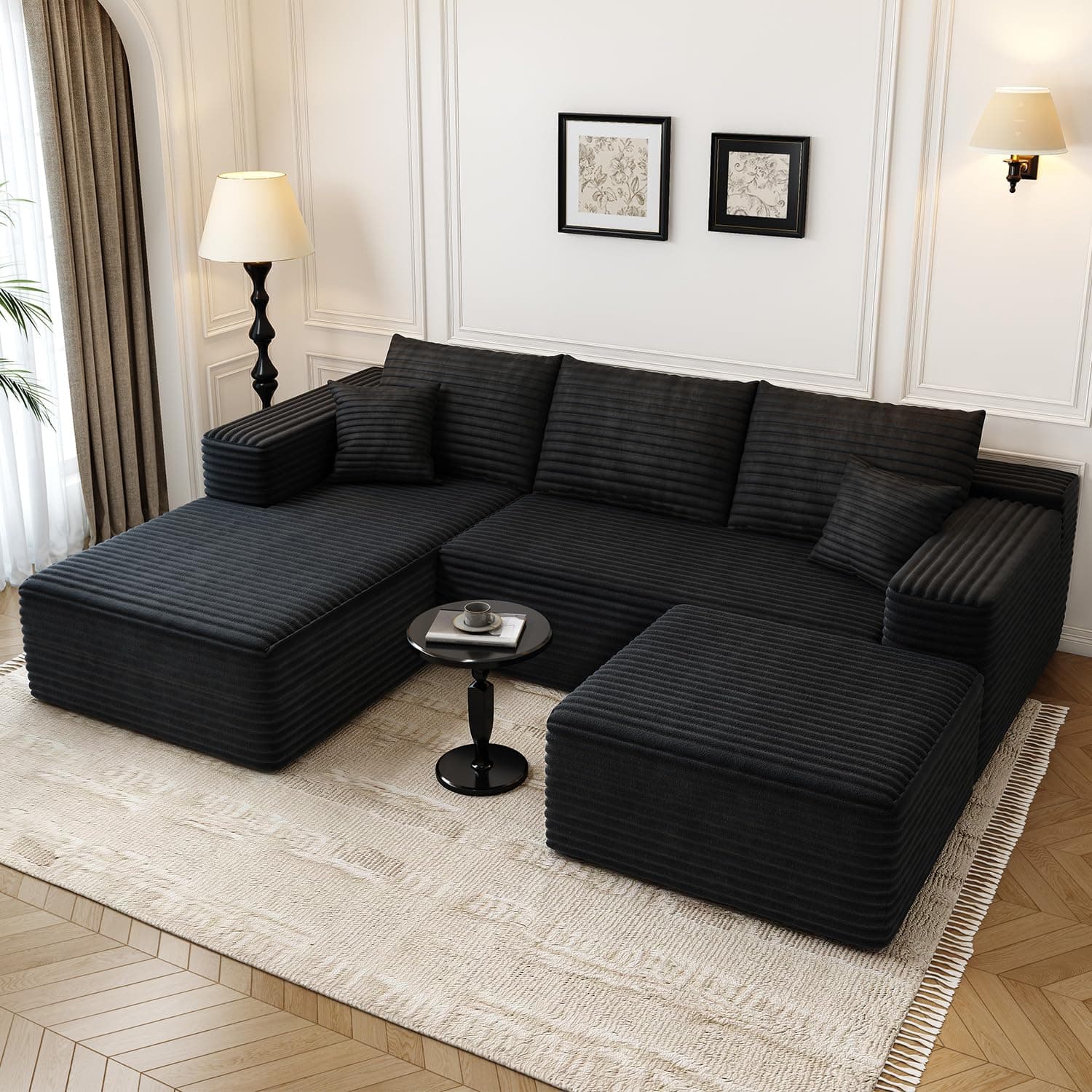 107.5" Cloud Modular Sectional with Ottoman, Black Left Facing Chaise (No Assembly Required)