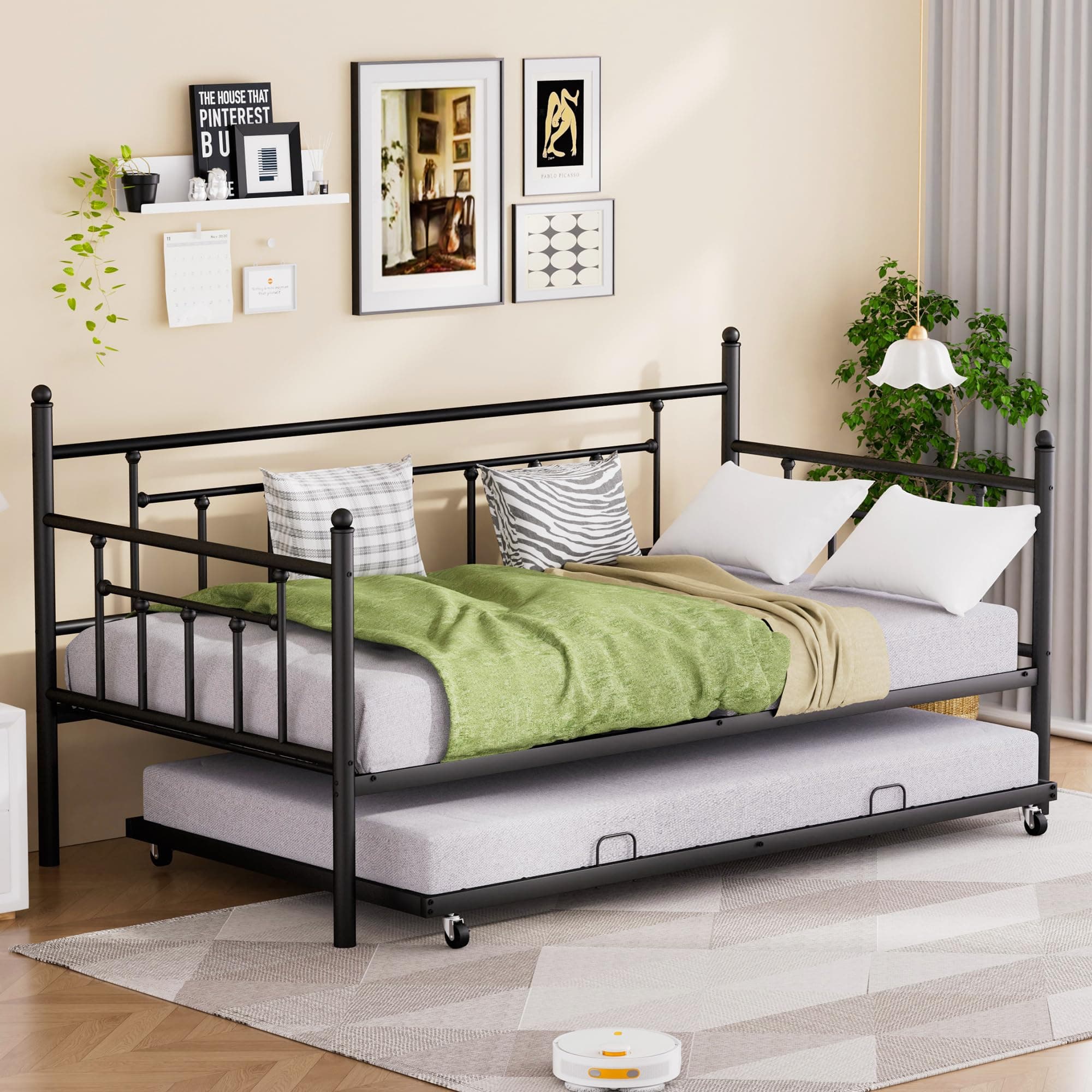 Black Twin Daybed with Backrest for Living Room, Bedroom, Kids Room, Guest Room
| Heavy Duty Metal Slats Platform Twin Daybed with Trundle for Bedroom and Guest Room
| Metal Trundle Frame with Pull Out Bed for Kids and Guest Room
