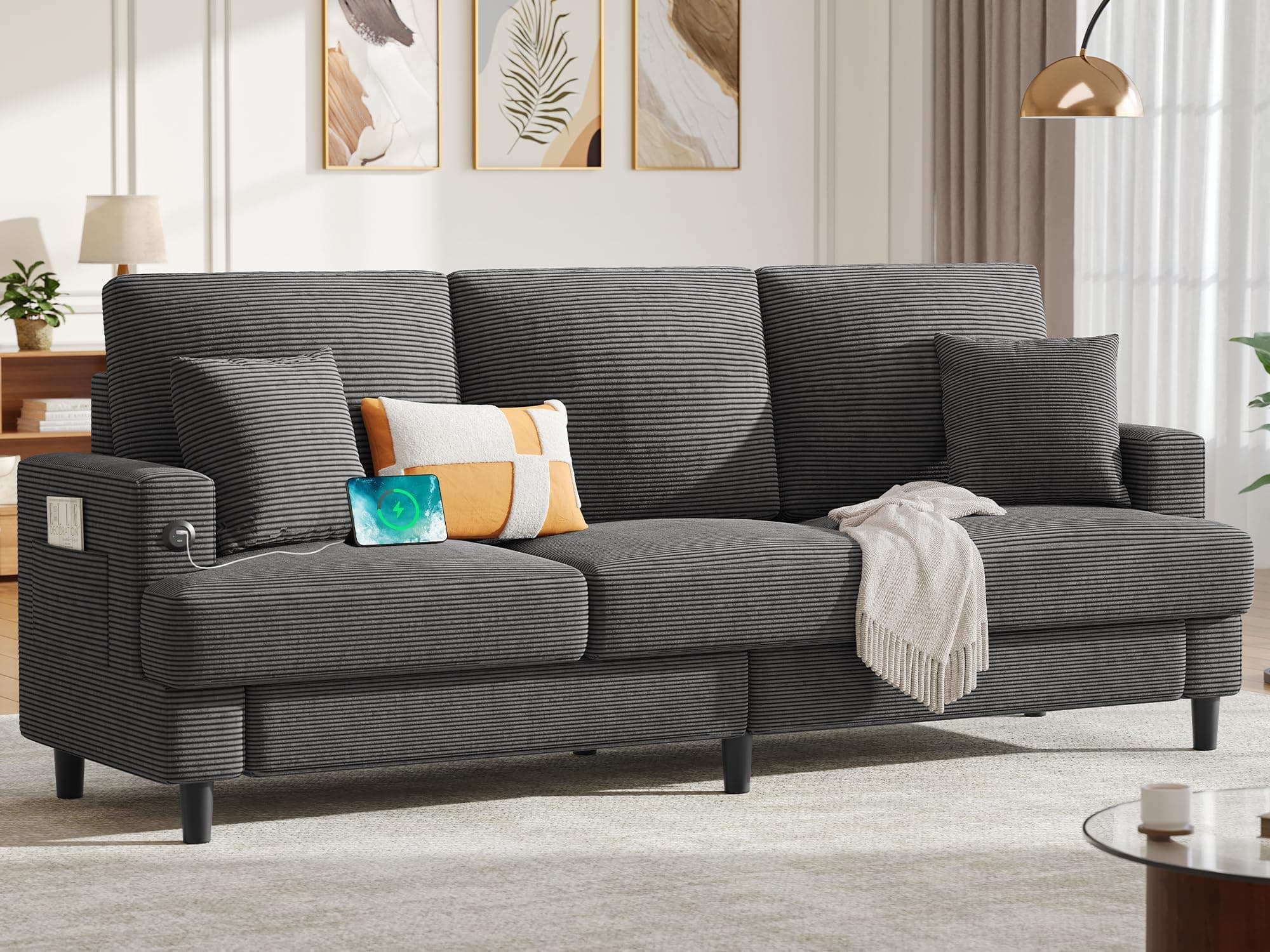 YITAHOME 88 inch 3 Seater Couch, Modern Grey Sectional Sofa for Living Room