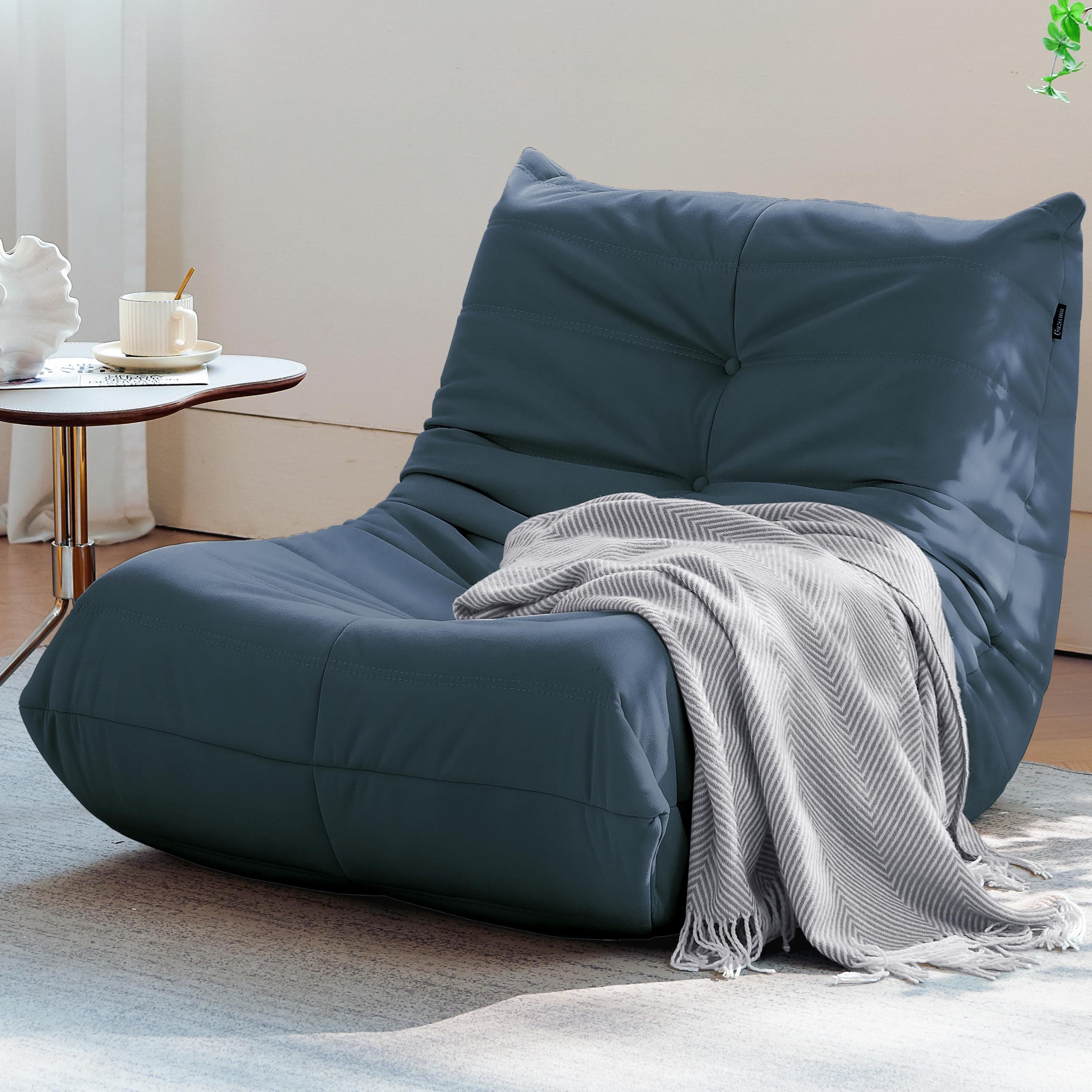 Modern Suede Bean Bag Chair for Adults, Dark Blue Corner Sofa Couch