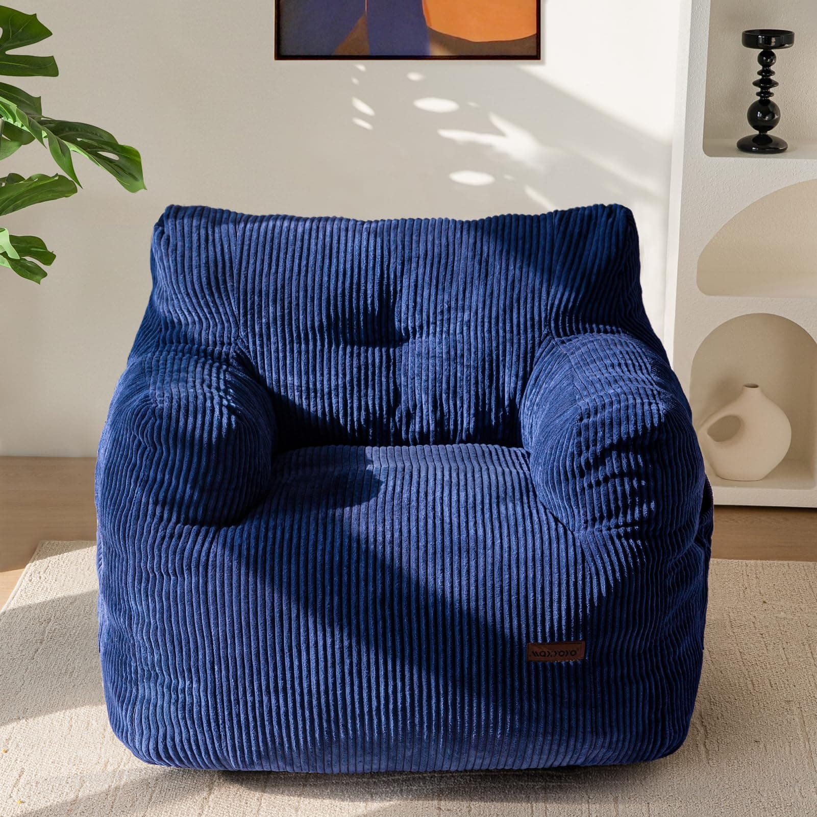 MAXYOYO Navy Tufted Bean Bag Chair with Filler for Living Room & Bedroom