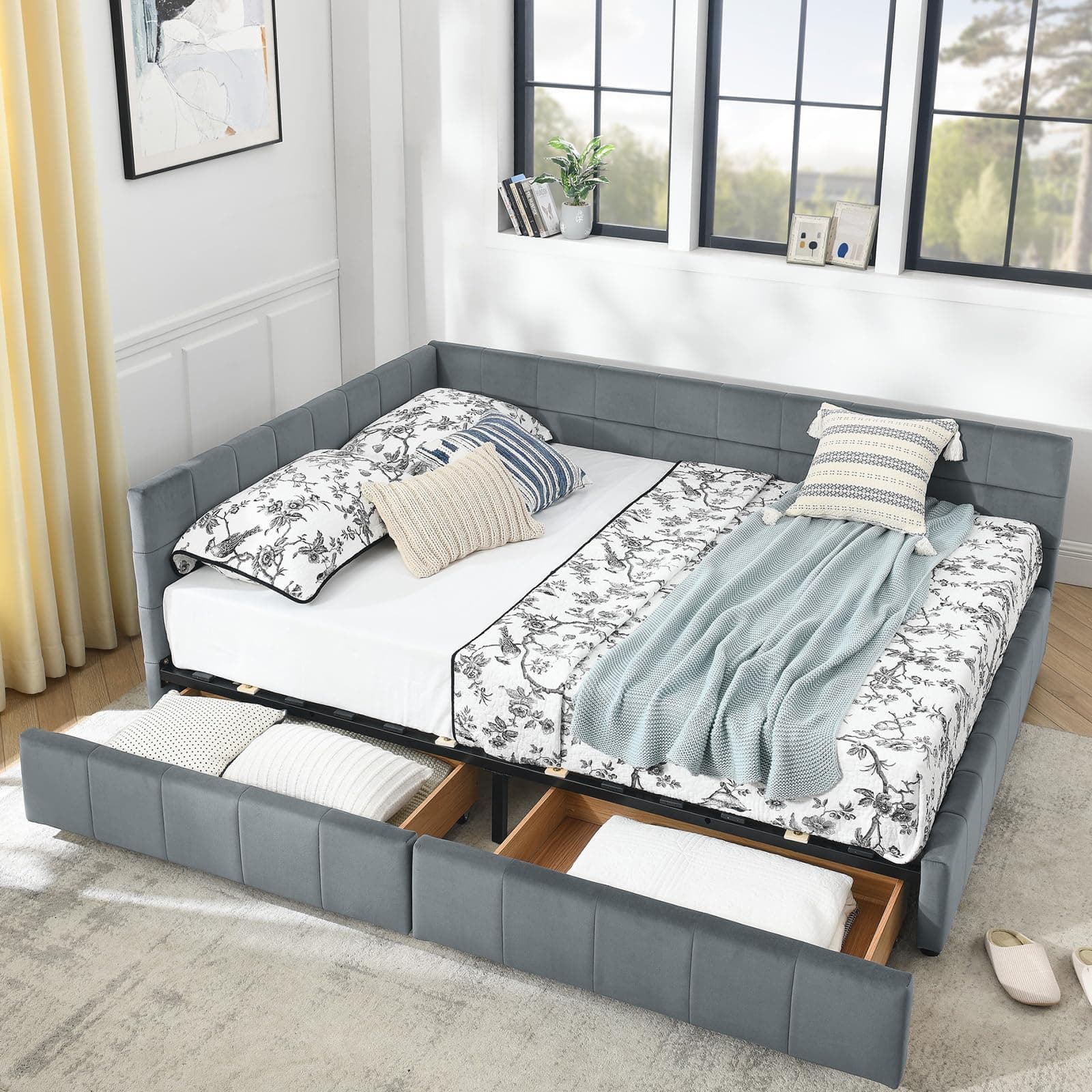 Antetek Modern Full Size Corner Tufted Velvet Day Bed with Storage Drawers, Grey