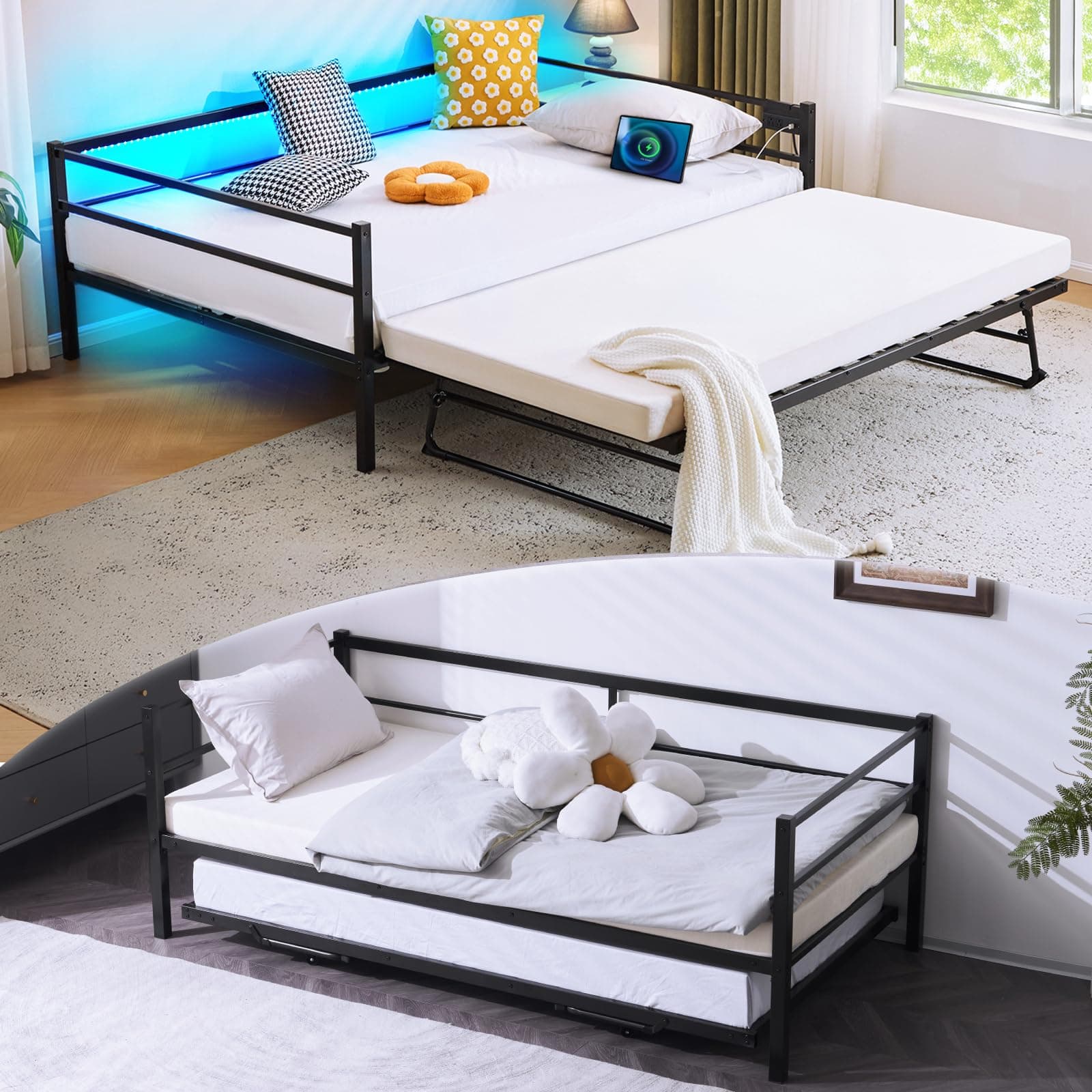 VINGLI Twin Daybed with Pop-up Trundle, Charging Station & LED Lights, Black
