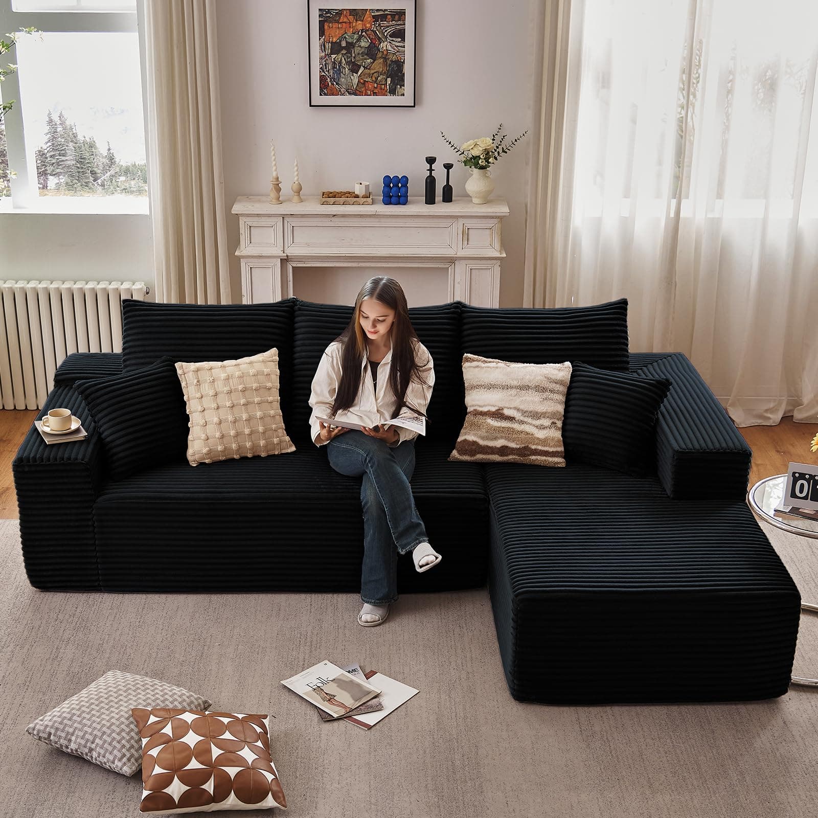 107" Black Right-Facing Chaise Modern Corduroy L-Shaped Sofa