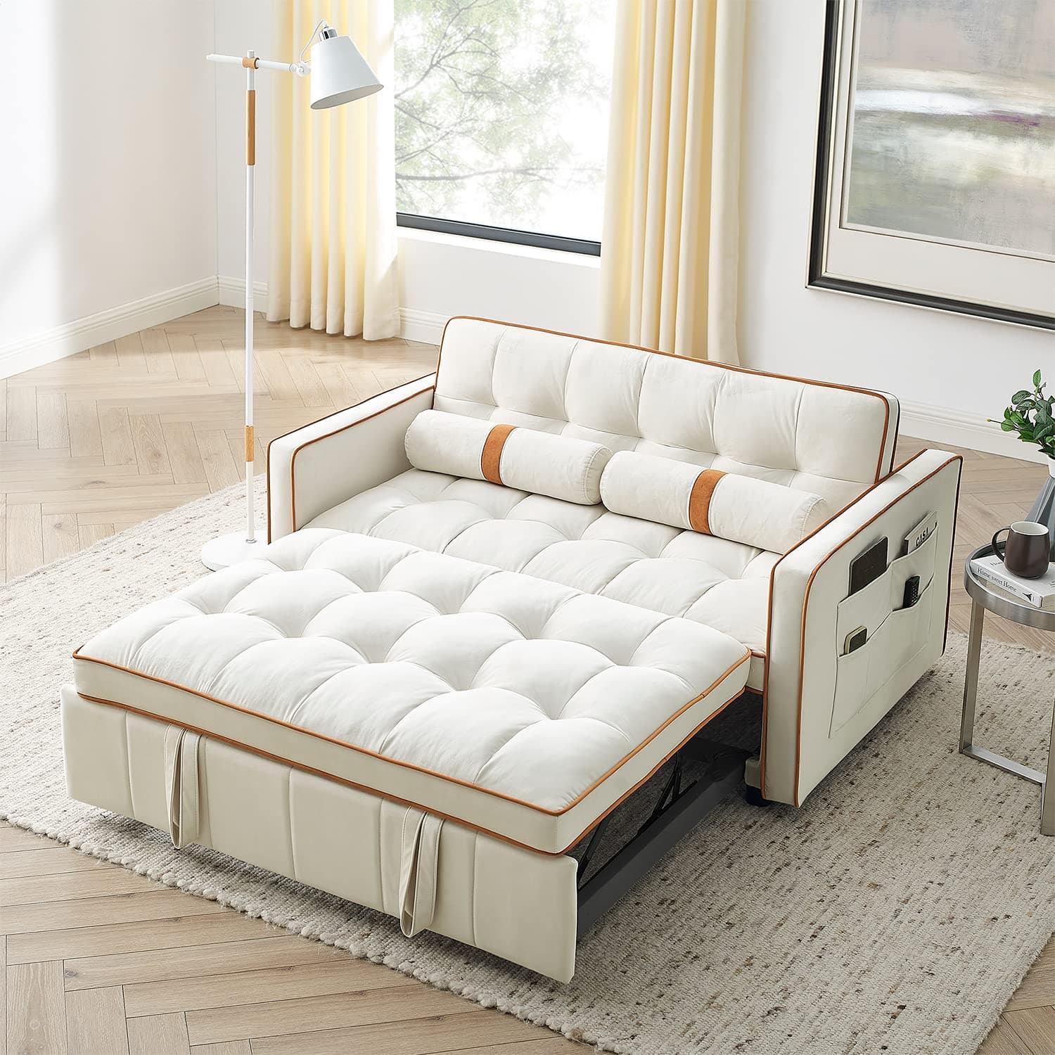 Convertible Sleeper Sofa Bed for Small Spaces with Adjustable Backrest - Beige