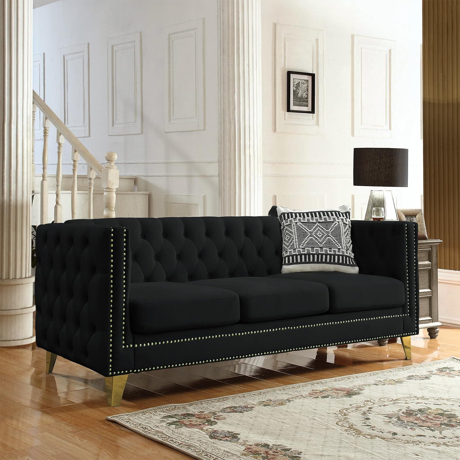 80" Modern Button Tufted Velvet Couch with Gold Nail Heads and Metal Legs for Living Room