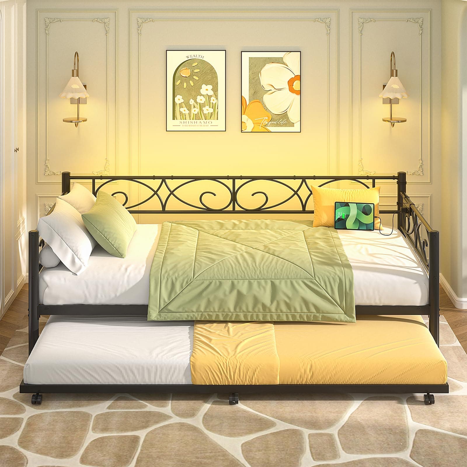 Unikito Black Metal Daybed with Charging & LED Lights, Twin w/ Pop-Up Trundle