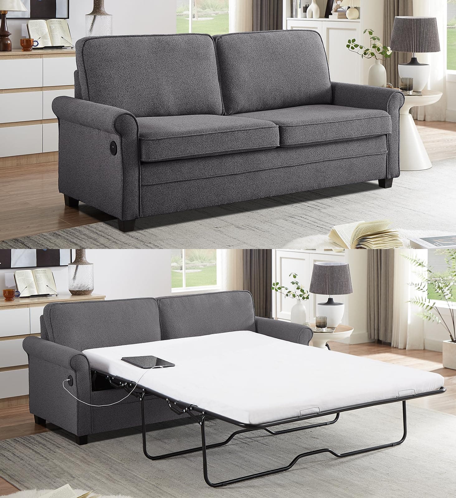 2-in-1 Full Size Pull Out Sofa Bed with Memory Foam, USB Port, Dark Grey Loveseat Couch