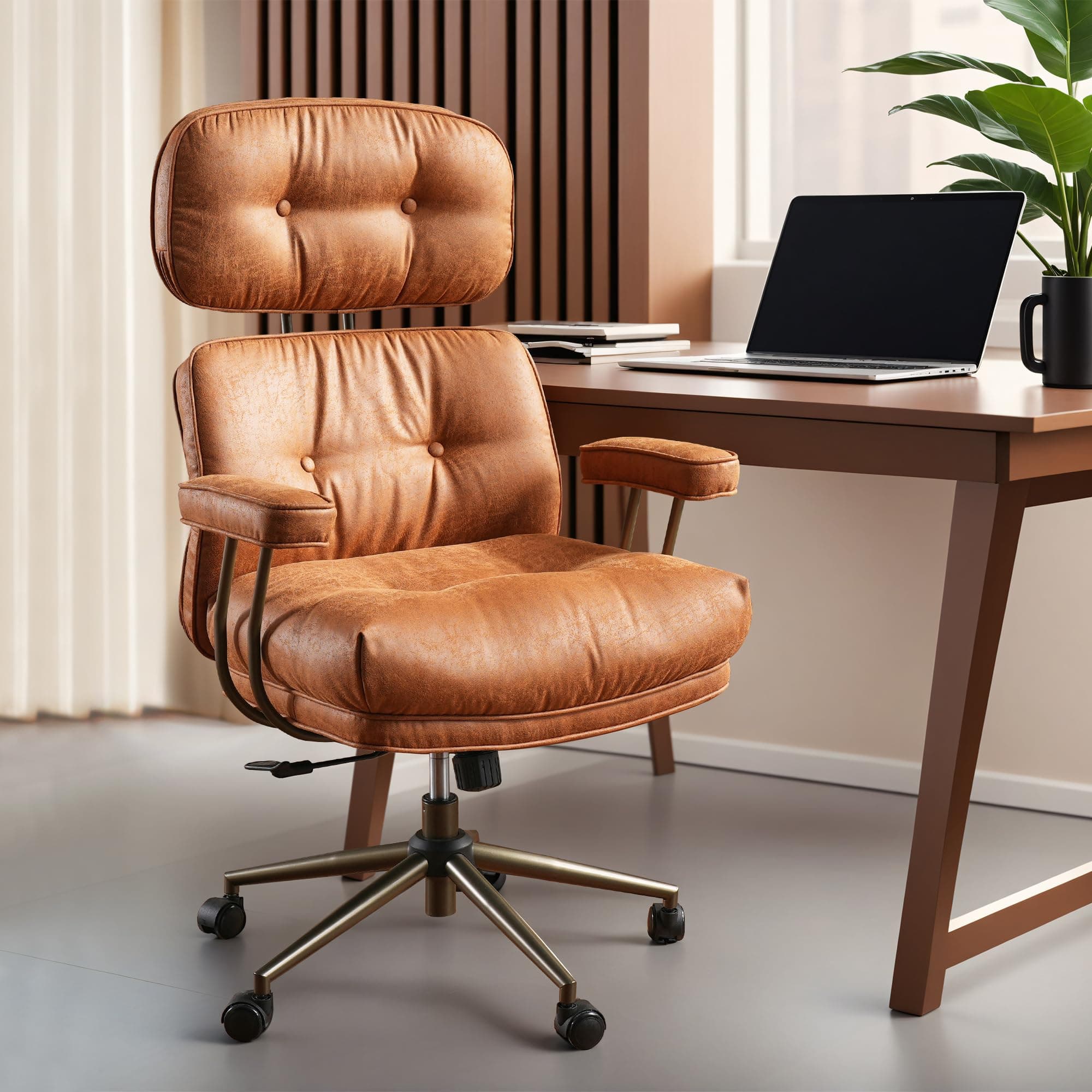Ovios Mid-Century Modern Brown Suede Executive Chair with Thick Cushions and High Back