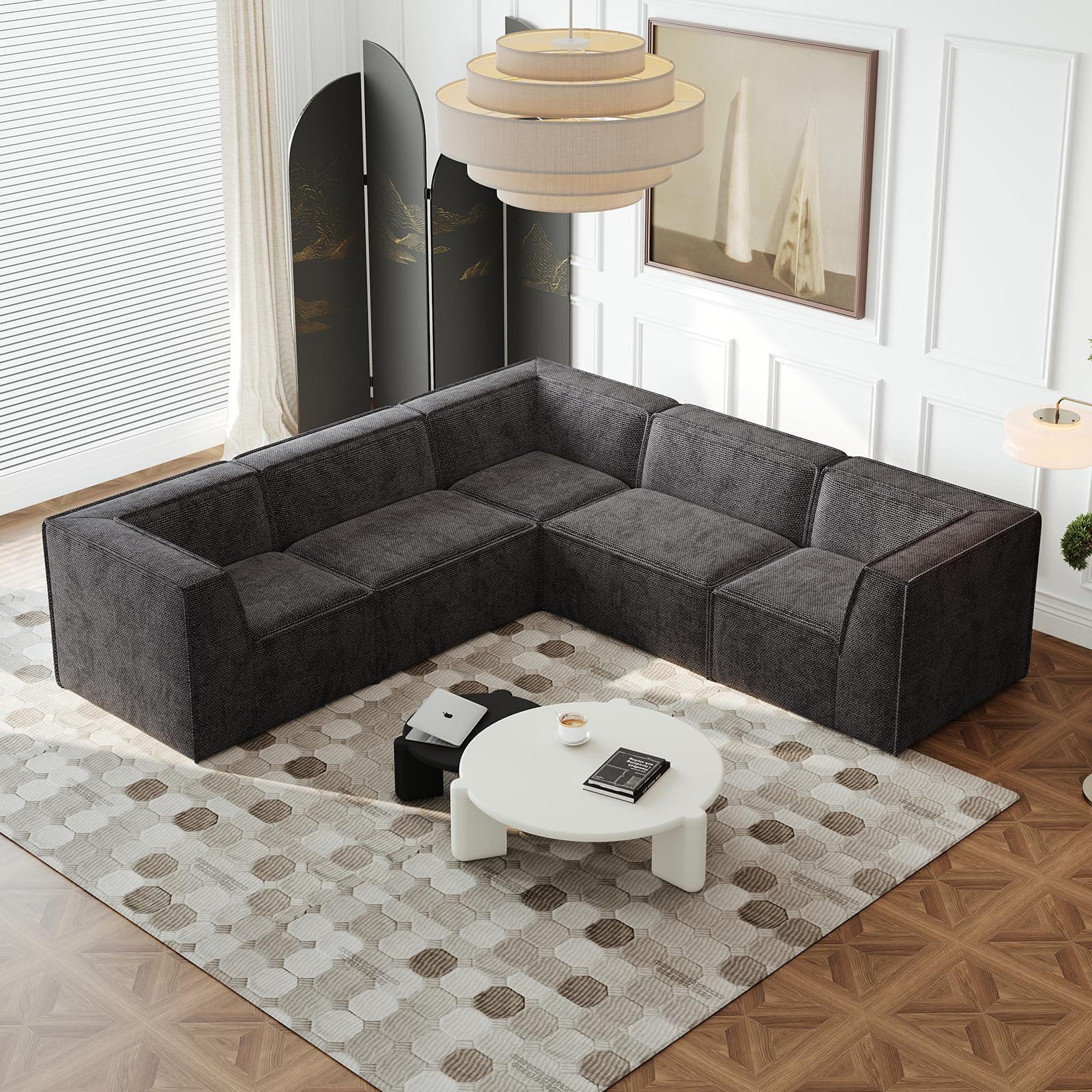 Antetek Oversized Sectional Couch, L-Shaped Modern Comfy Chenille Fabric Floor Foam Compression Modular Sectional Sofa, Couch and Loveseat Sets for Living Room Office, 5 Seater, Black